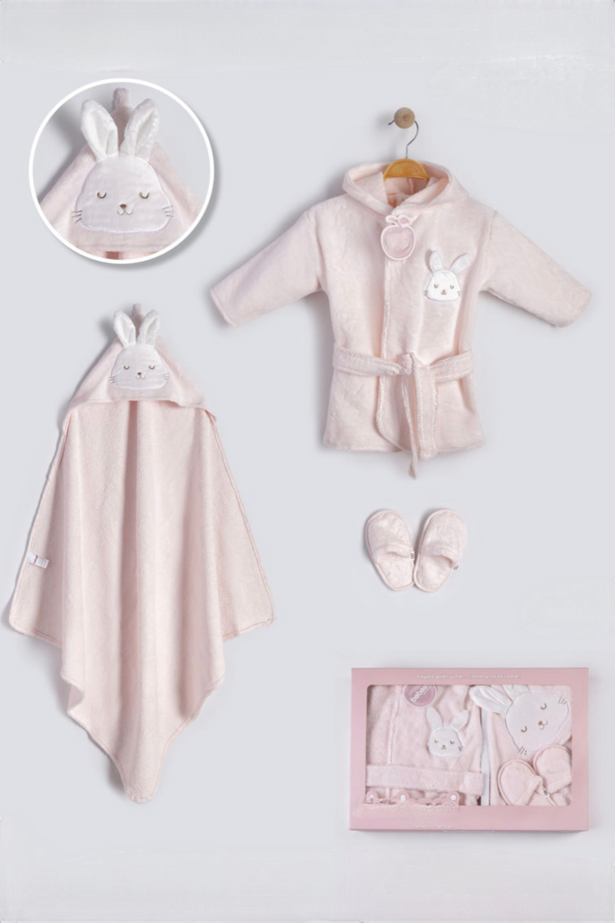 Cherub Baby Tavşan Nakışlı Şapkalı Organik Yenidoğan Kız Bebek Havlu Bornoz Seti Organik - Bebek Doğum Hediyesi fotoğrafı 3 (önizleme)