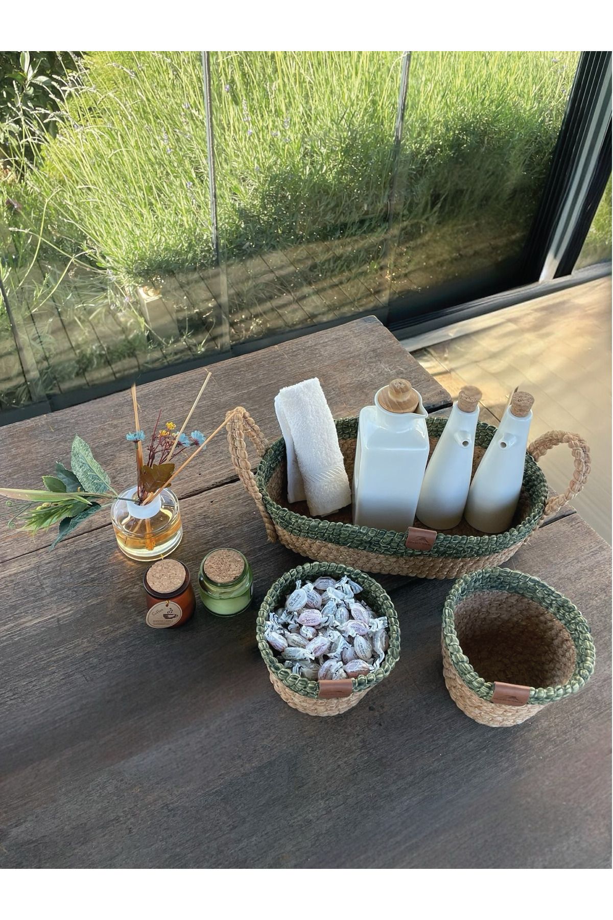 homeınn 3'lü Düzenleyici Sepet Set Leke Tutmaz Yeşil-Natural