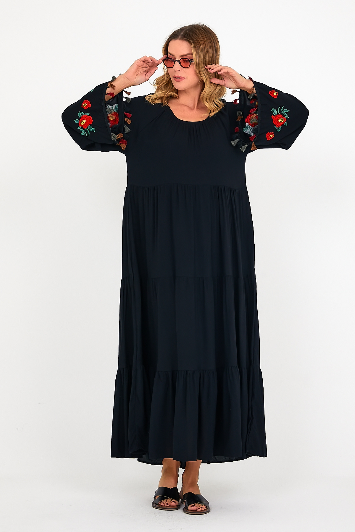 Tubik-Women's Madonna Collar Sleeve Tasseled Floral Embroidery Detailed Viscose Dress 5