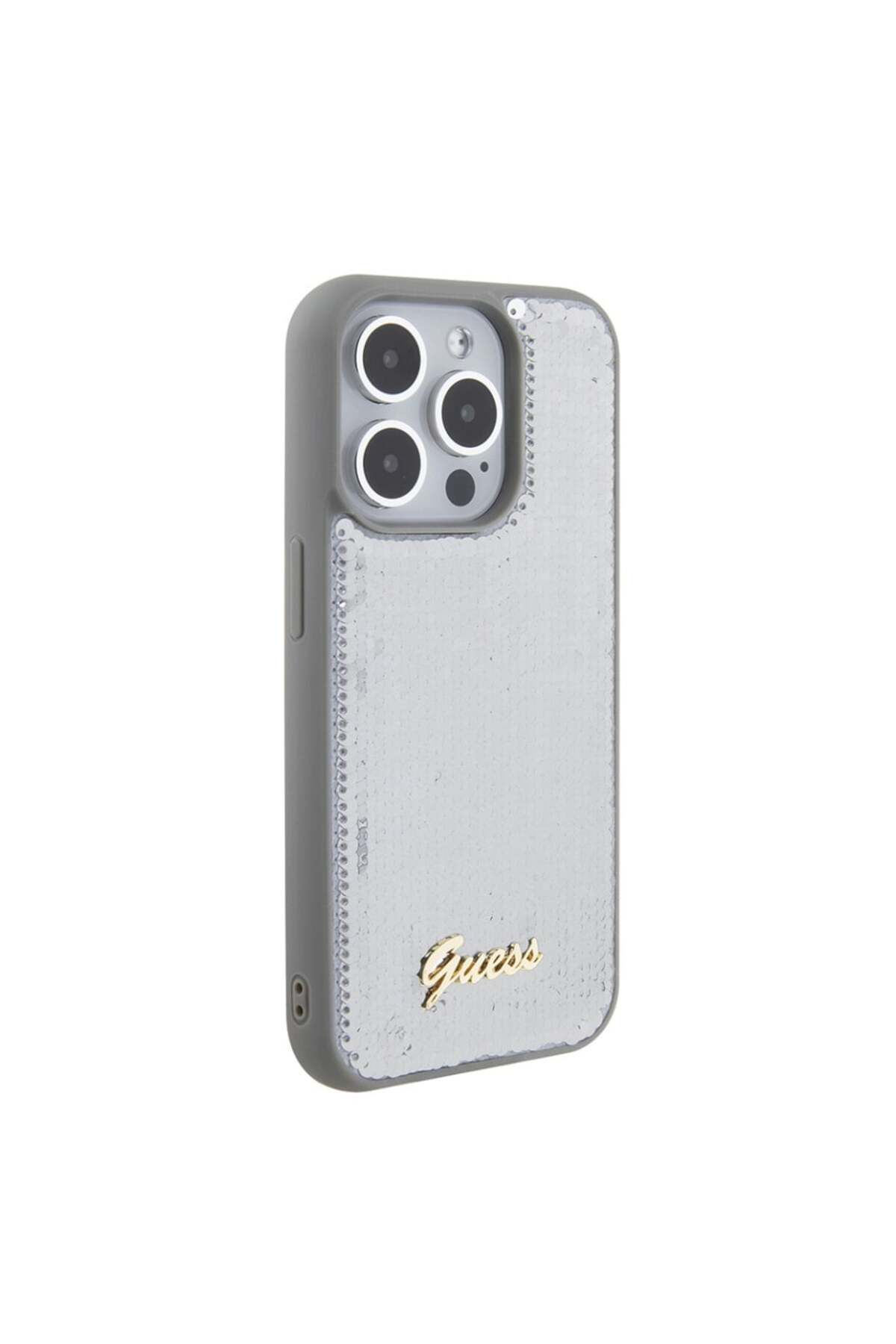 Guess-iPhone 15 Pro Max Case, Sequin Script Metal, Gray 5