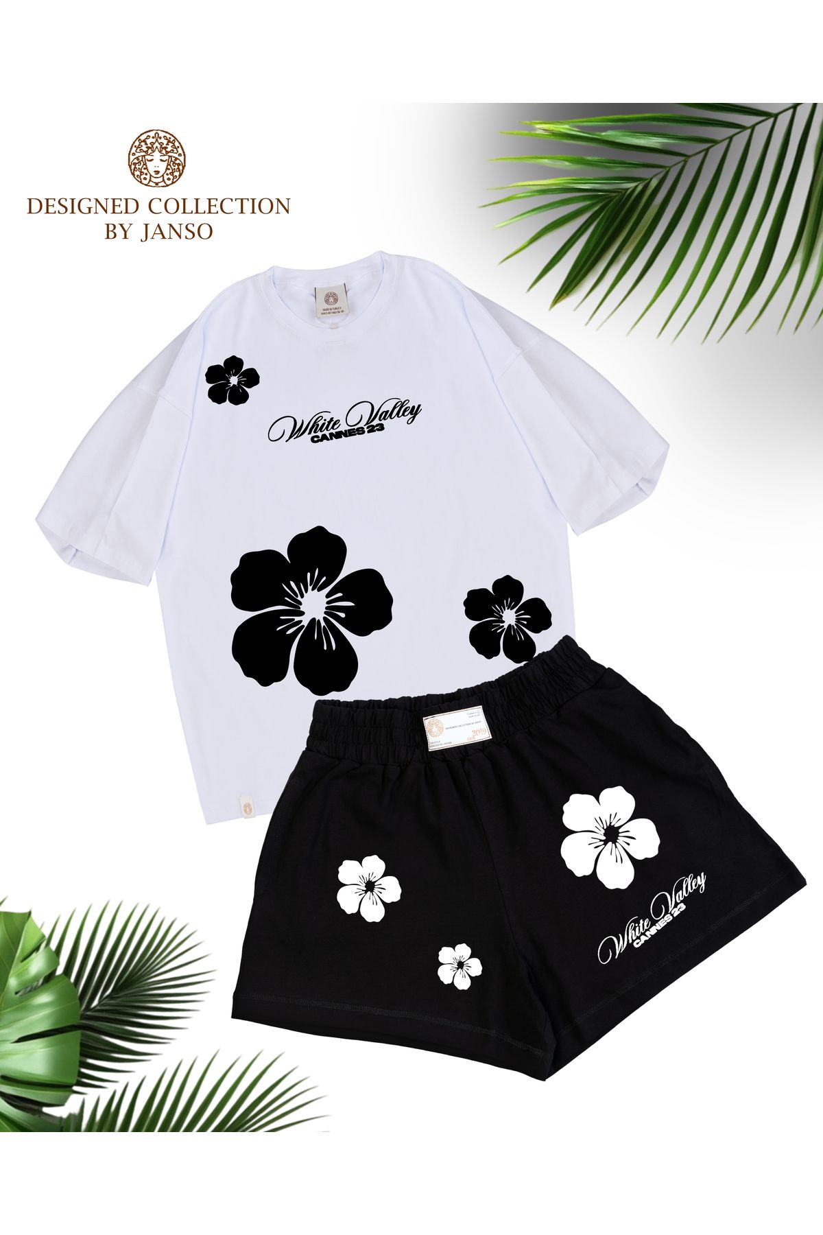 JANSO GROUP - KADIN ÇİÇEK BASKILI KISA KOLLU TSHIRT-ŞORT TAKIMI BÜYÜK BEDEN PAMUKLU