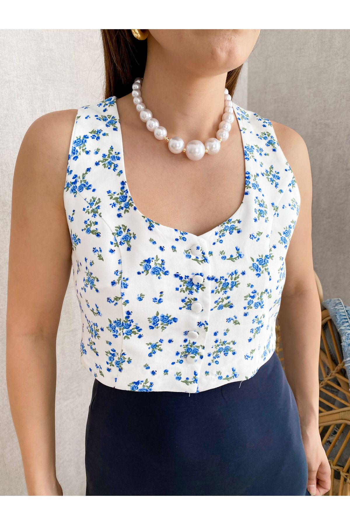 biumi butik kadın çiçekli kaplama düğme crop yelek
