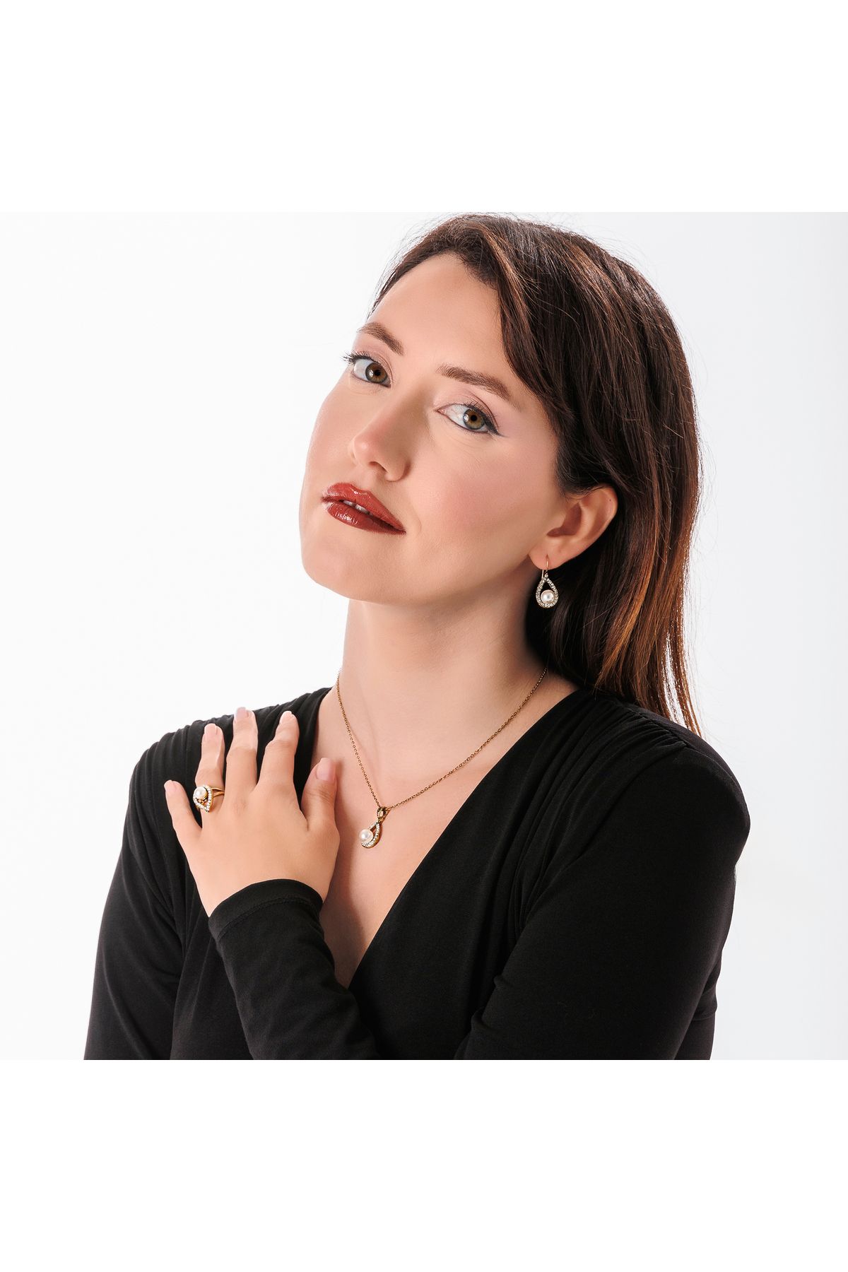 Atelier LEO Handmade Jewellery SU DAMLASI İNCİ ESİNTİSİ TAKIM YÜZÜK NO:9 BAKIR EL YAPIMI KARARMA YAPMAZ KADIN TAKI SETİ