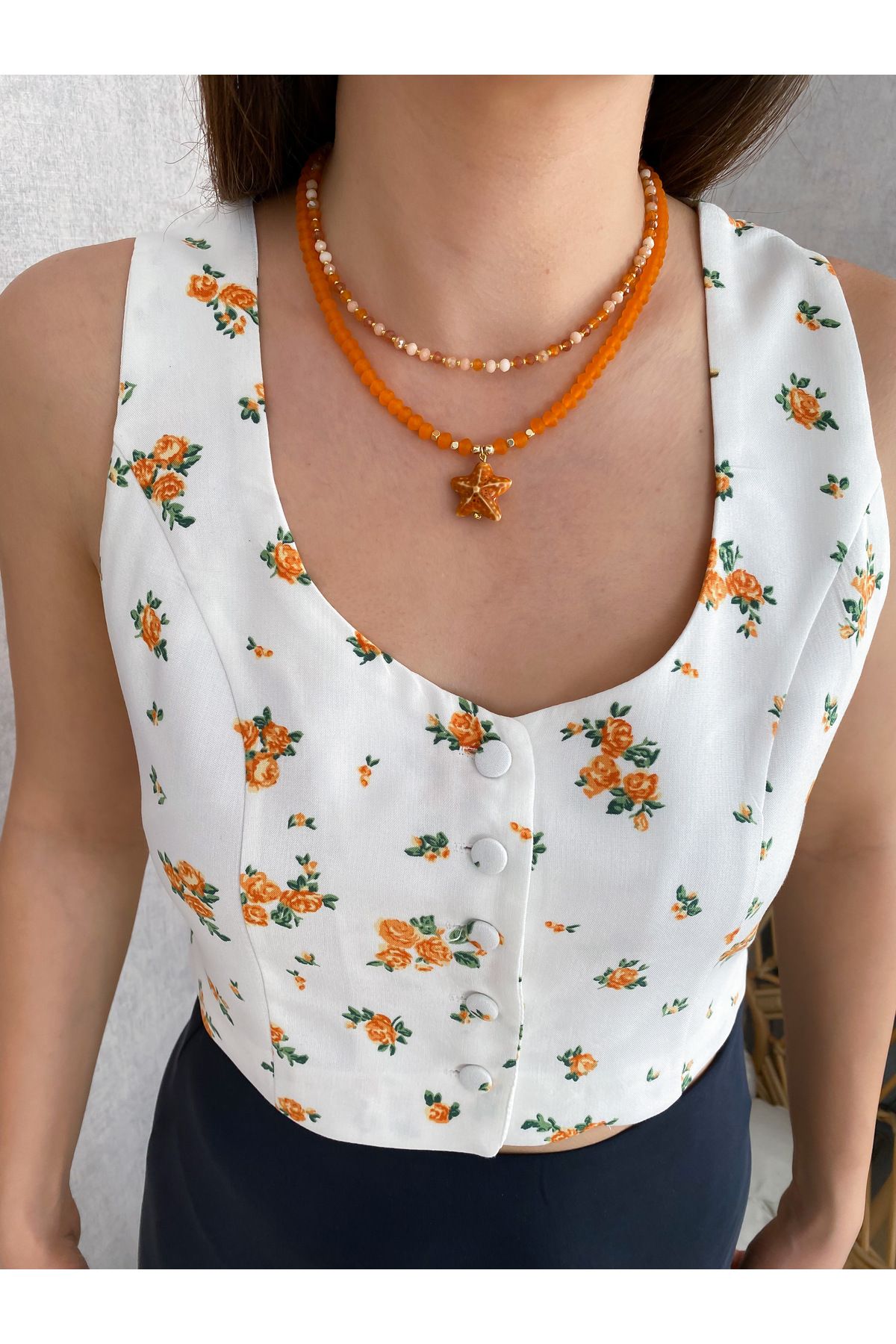 biumi butik kadın çiçekli kaplama düğme crop yelek