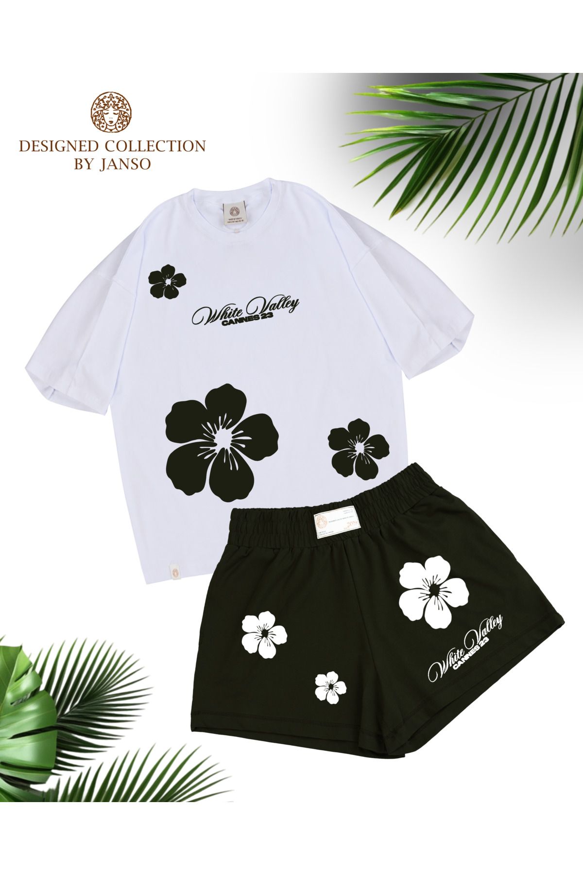 JANSO GROUP - KADIN ÇİÇEK BASKILI KISA KOLLU TSHIRT-ŞORT TAKIMI BÜYÜK BEDEN PAMUKLU