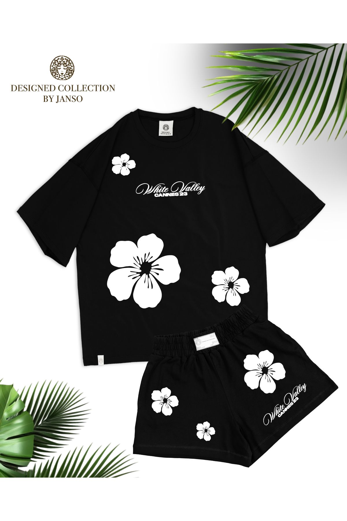 JANSO GROUP - KADIN ÇİÇEK BASKILI KISA KOLLU TSHIRT-ŞORT TAKIMI BÜYÜK BEDEN PAMUKLU