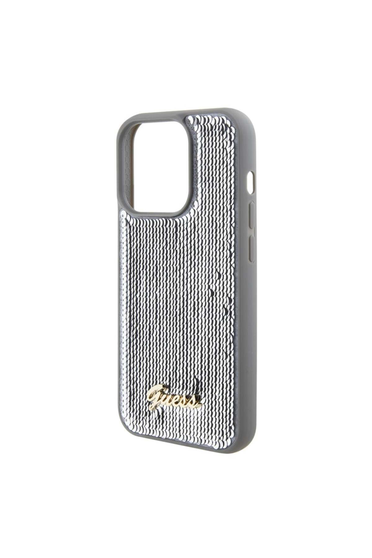 Guess-iPhone 15 Pro Max Case, Sequin Script Metal, Gray 3