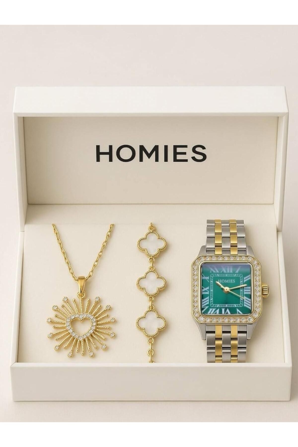 Homies Sarı Gümüş Renk 3’lü Takı Seti – Taşlı Kalp Kolye, Yonca Bileklik & Şık Saat - Hediye Kutulu
