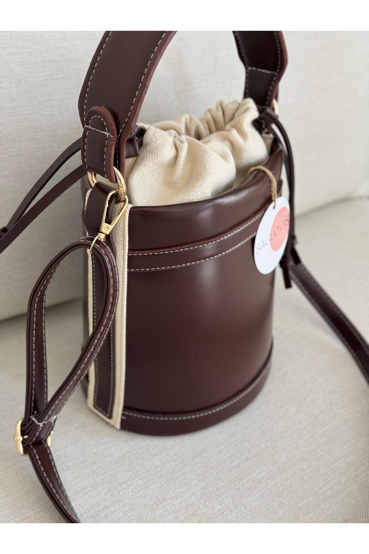 BAGLOVİS-Shirred Mouth Bucket Model Brown Color Women's Hand and Shoulder Bag En20 Uzn20 5