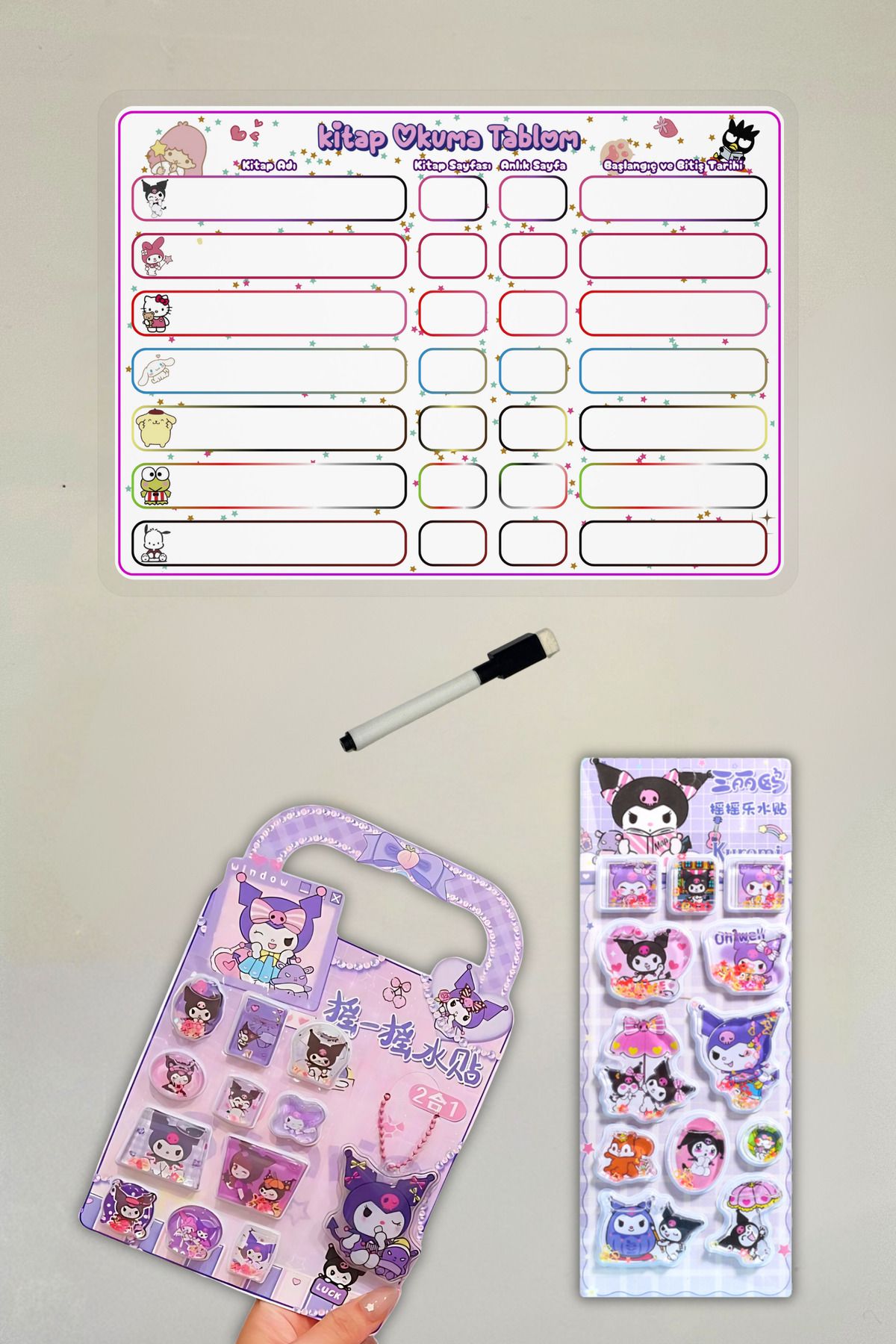 caps office Sanrio Kitap Okuma Takip Planlayıcısı & 2 Adet 3D Kabartmalı Sulu Anahtarlıklı Çıkartma Sticker Set