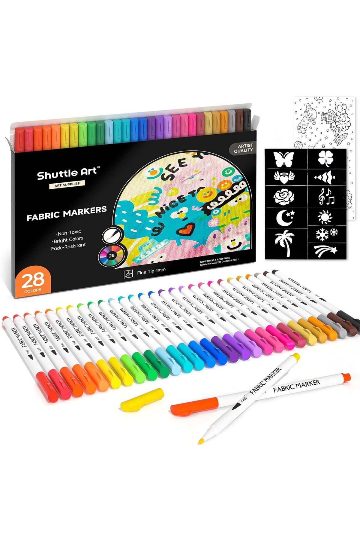 Art Tone Fabric Marker Kumaş Kalemi 28 Adet Set T-Shirt Ayakkabı Pantolon Ceket Çorap Boyama 11 şablon