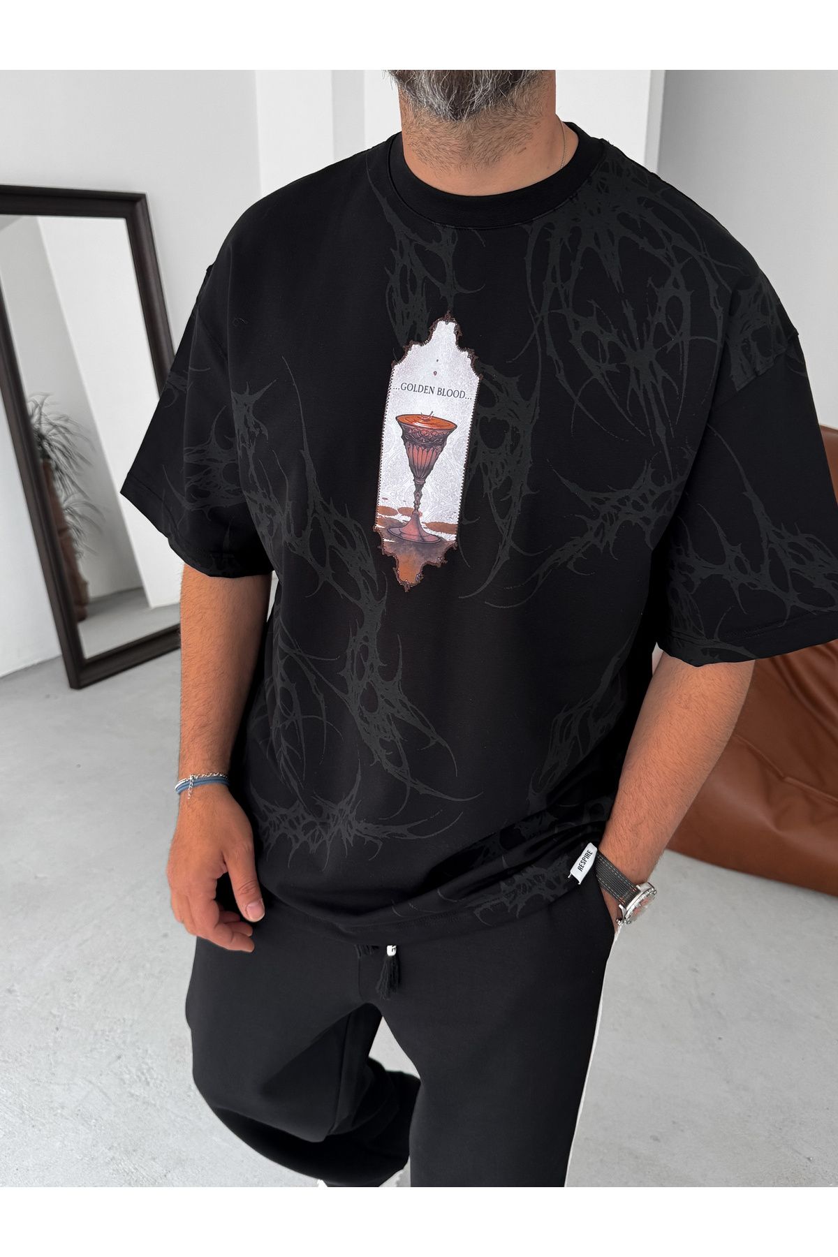 BYBASICMAN-Black Golden Blood Patchli Oversize T-Shirt Res-5204 5