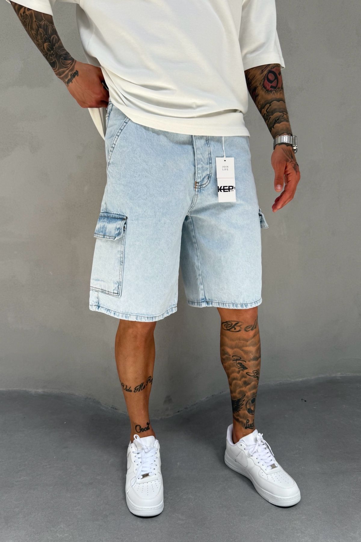 MADZEYMODA Buz Mavi Denim Kumaş Kar Yıkama Erkek Kargo Cep Jean Kot Şort Mz537