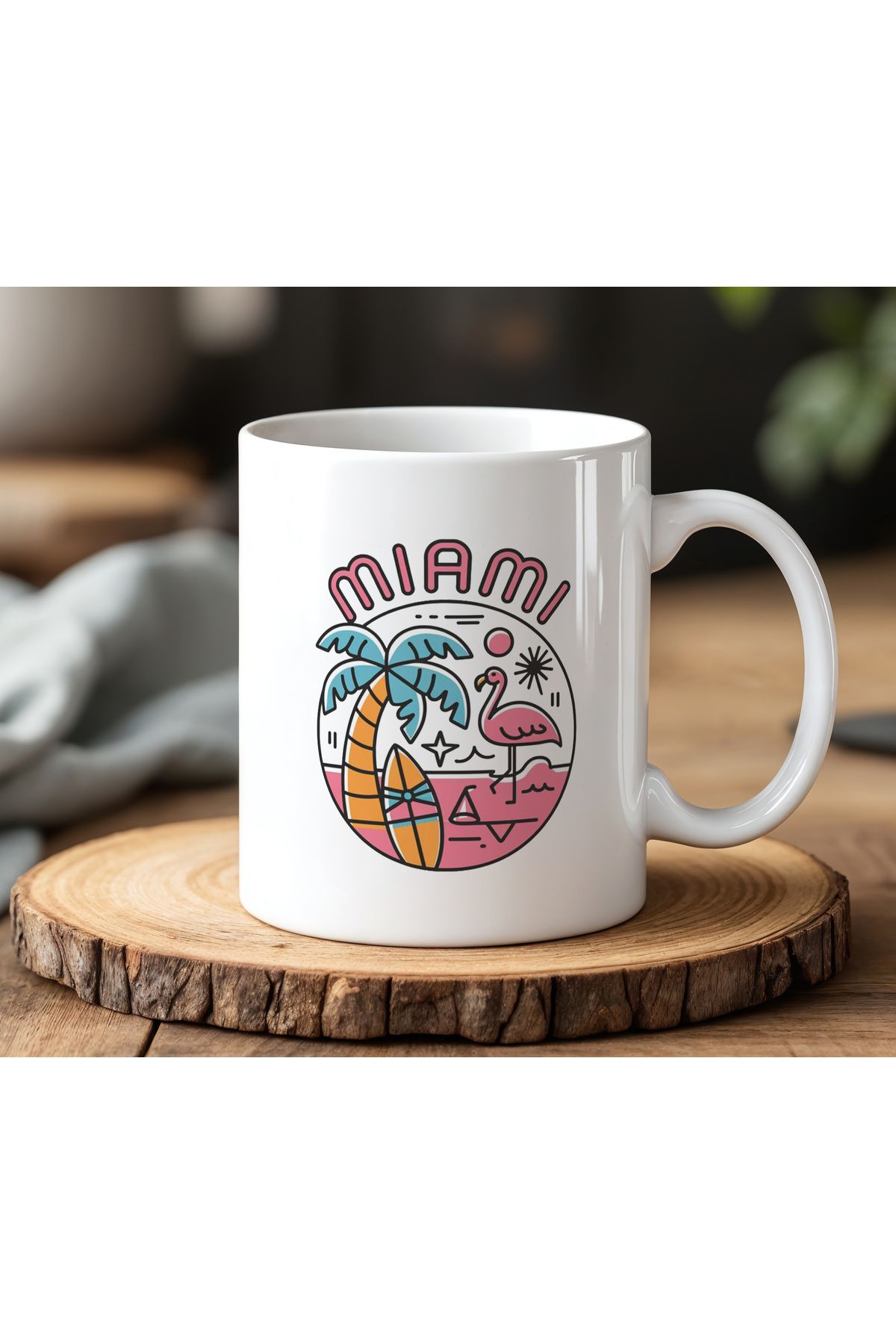 BB TRADE Miami Tasarımlı Beyaz Seramik Baskılı Kupa Bardak 330ml