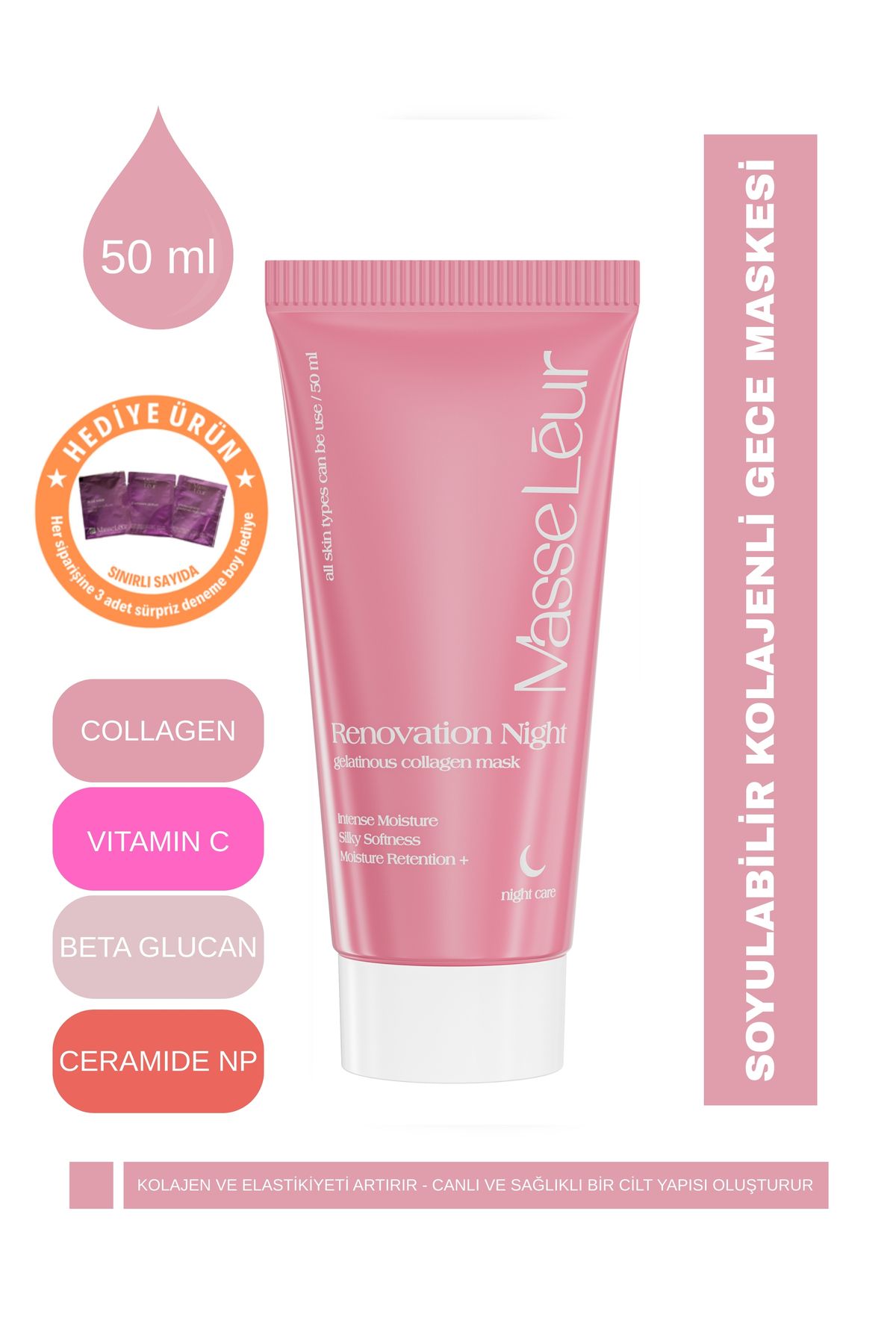 Masse Leur Soyulabilir Kolajen Gece Maskesi Renovation Night Gelatinous Collagen Mask 50 ML