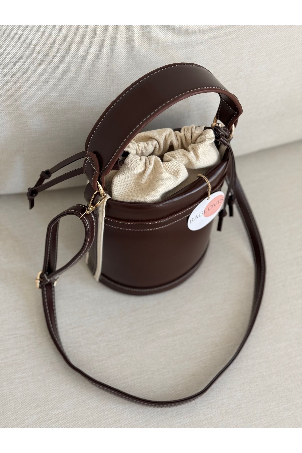 BAGLOVİS-Shirred Mouth Bucket Model Brown Color Women's Hand and Shoulder Bag En20 Uzn20 4