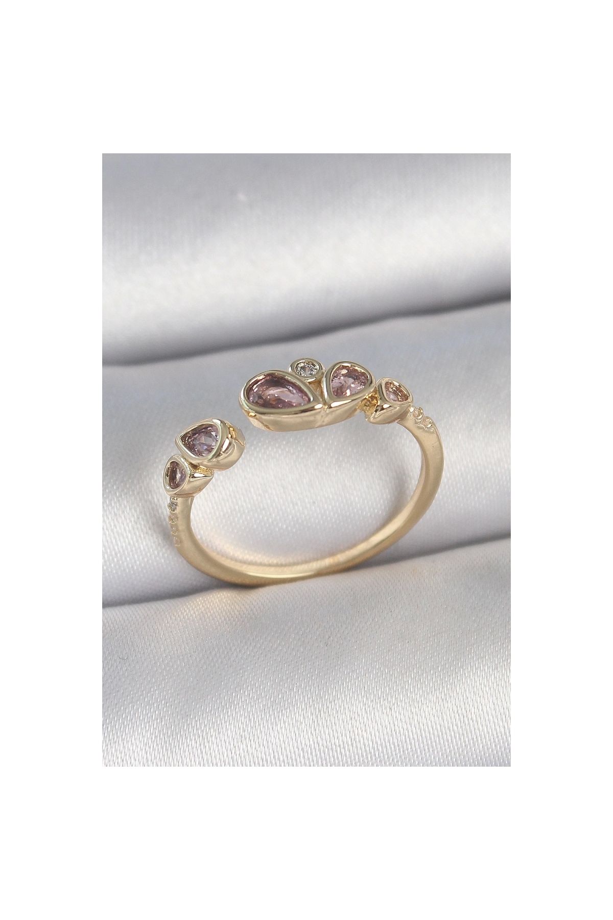 Narnuga Pirinç Gold Renk Pembe Damla Zirkon Taşlı Ayarlanabilir Kadın Yüzük - TJ-BYK3735