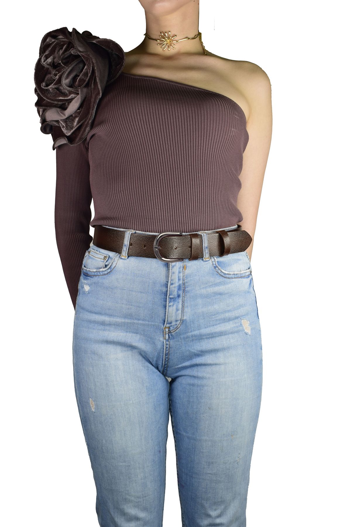 GoDeri-100% Genuine Leather, Dark Brown Women's Jeans Belt with Matte Silver Buckle 4 Cm=an-byn-71 2