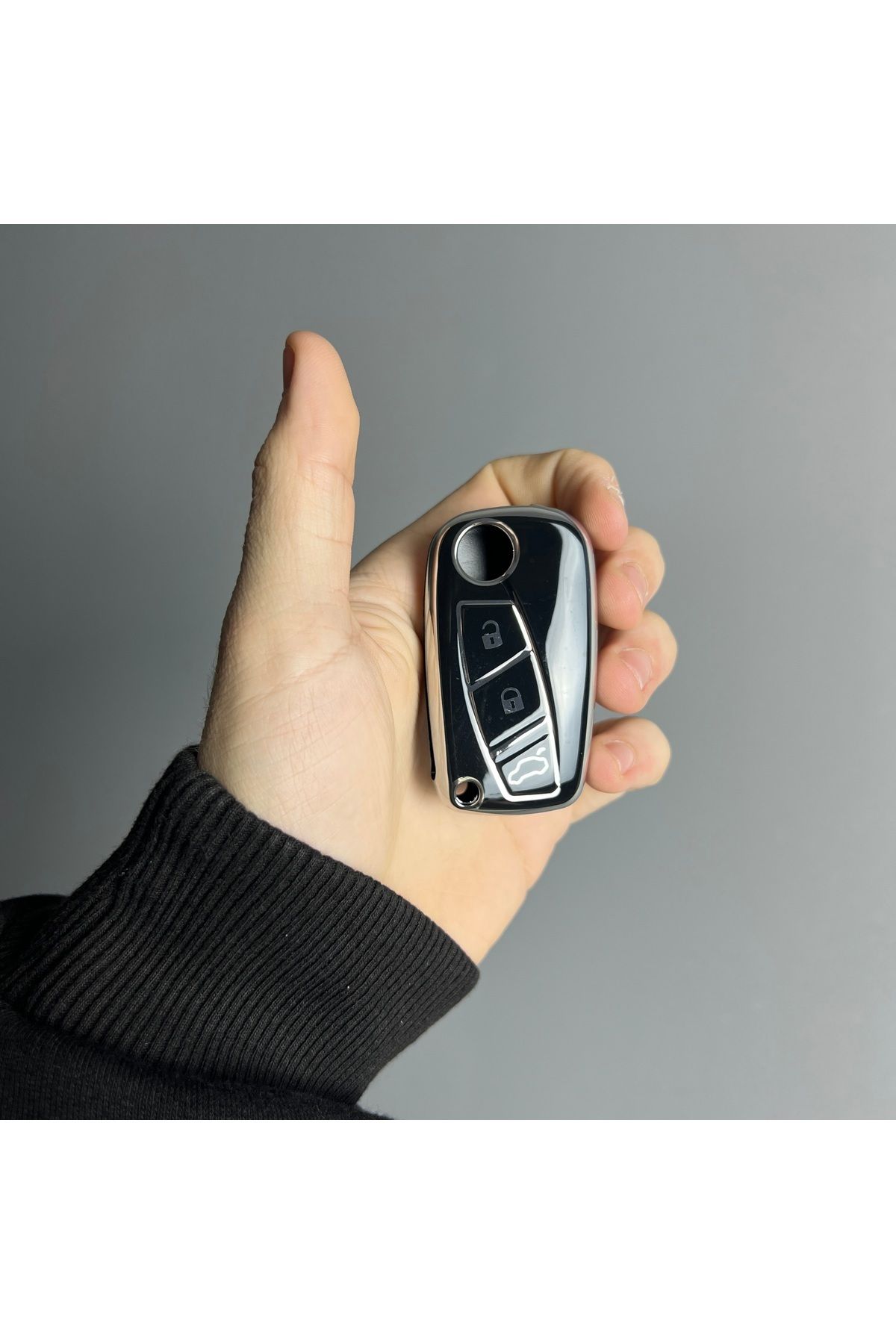 Luxe Aksesuarr Fiat Fiorino - Linea Sustalı 3 Buton Koruma Anahtar Kumanda Silikon Nano Kılıf Siyah Gümüş Renk