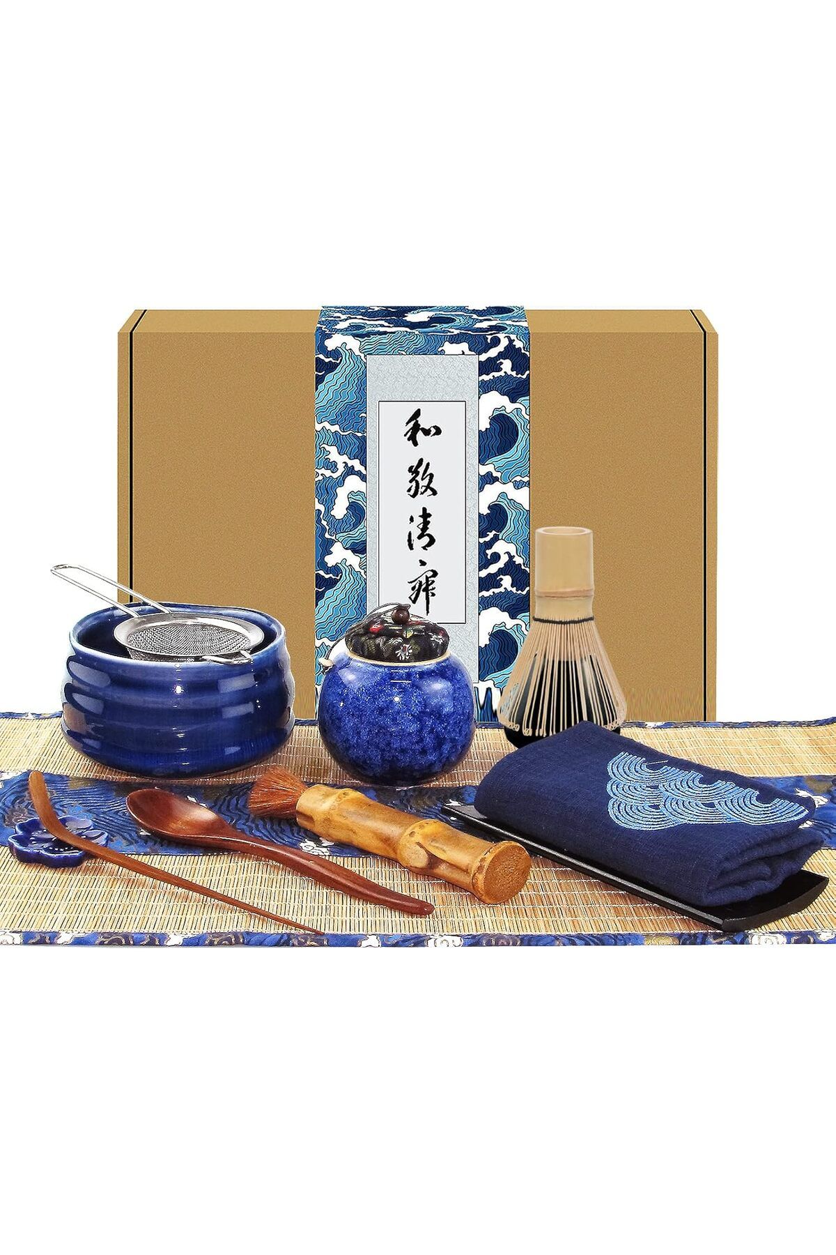 Artcome 12 Parçalı Japon Matcha Çay Seti, Mavi Seremoni Kasesi, Bambu Çırpıcı, Süzgeç ve Kaşık ile