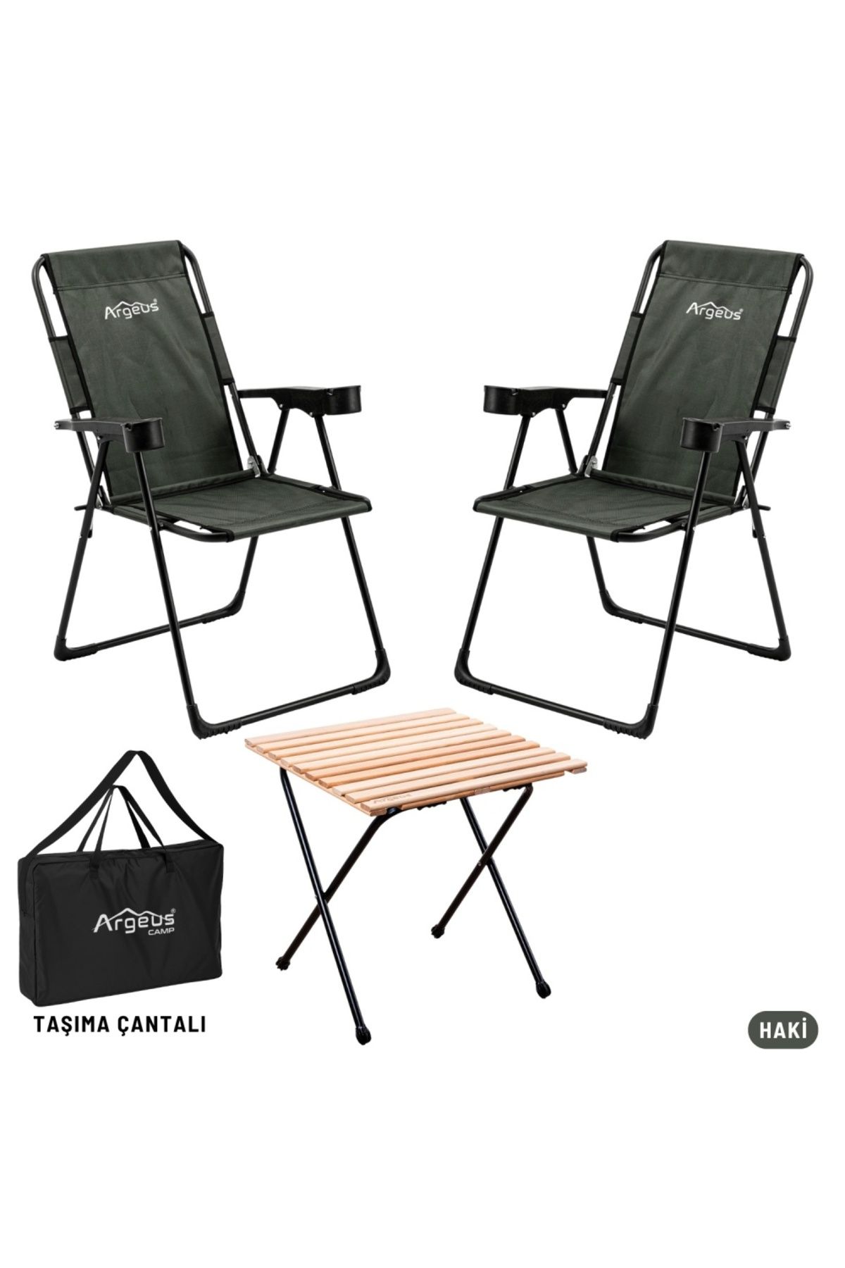 AtikCamp 2 Adet Katlanır Kamp Sandalyesi ve Masa Seti - Rest - Taşıma Çantalı - Haki - 130 KG Taşıma