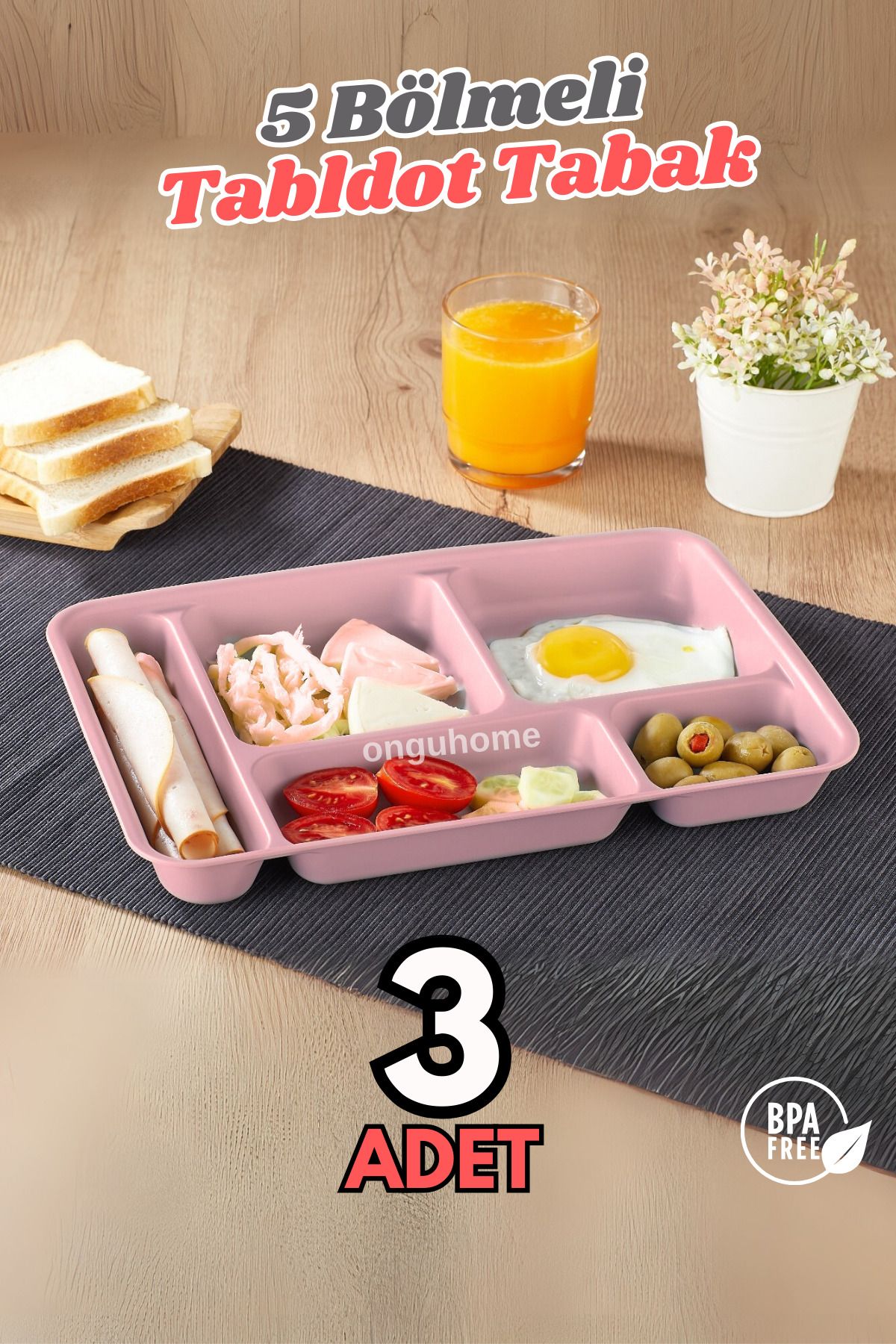 ongu home 3'lü Tabldot Tabak Yıkanabilir Mama Tabağı Yemek Tabağı Beş Bölmeli Kahvaltı Tabağı