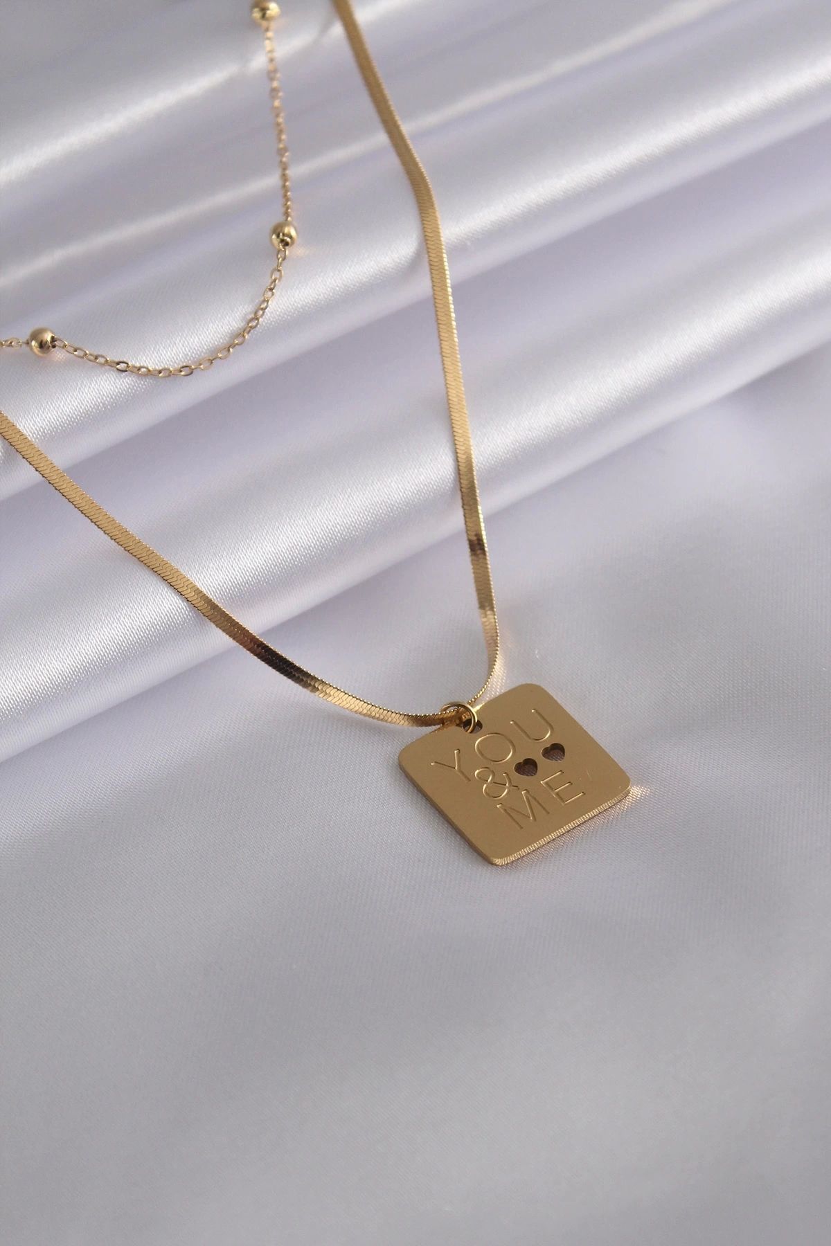 Clariss 316L Çelik Gold Renk İtalyan Zincir 'You & Me' İşleme Kadın Kolye