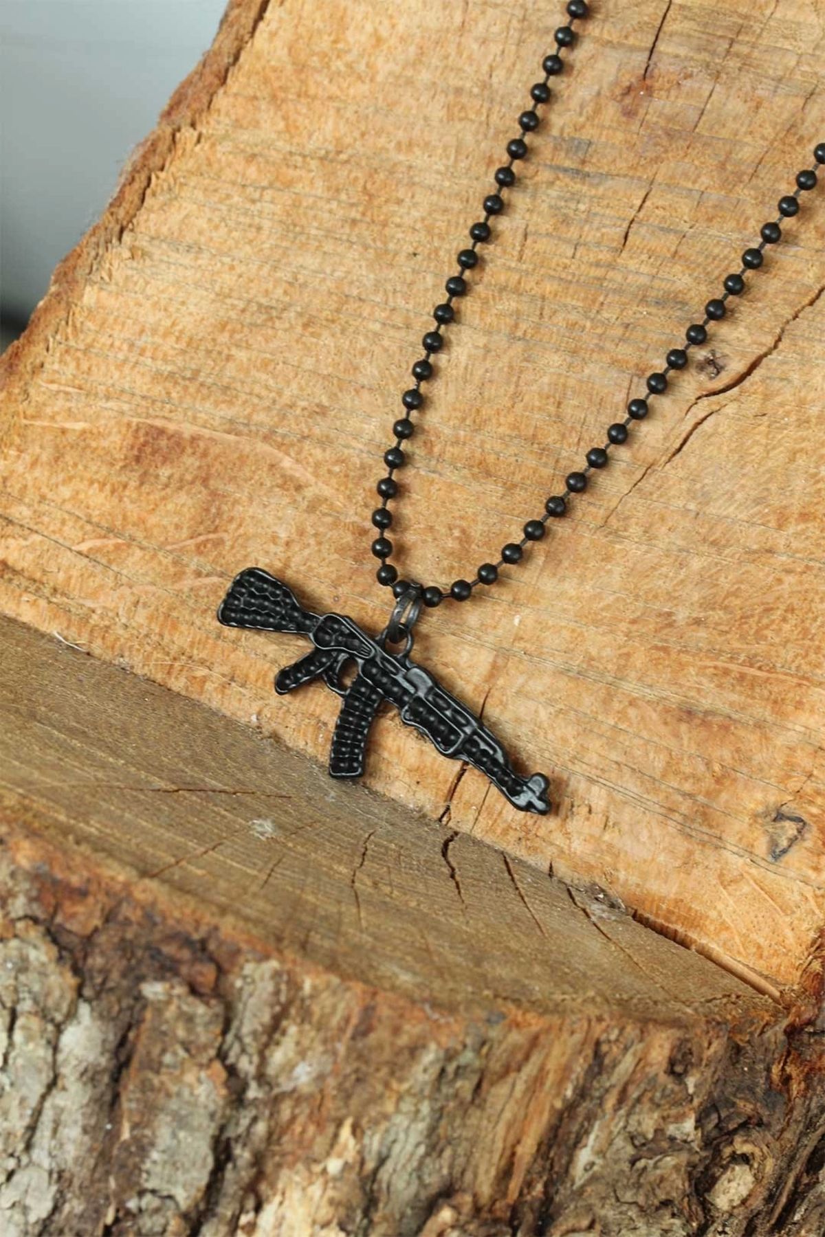 Moco Krom Kaplama Siyah Renk Metal Tüfek Kafası Tasarım Erkek Kolye