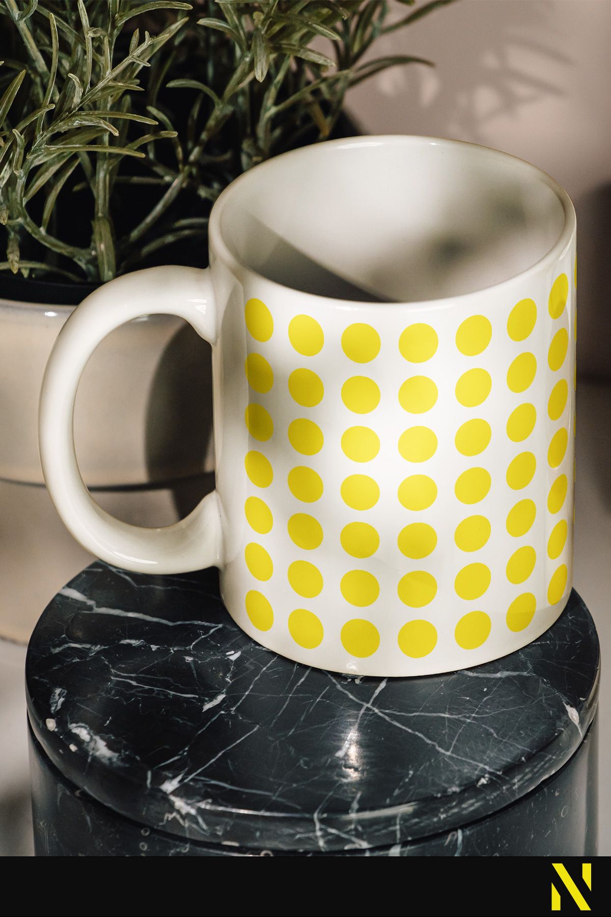 nilizma Sarı Renkli Dot Nokta Desenli Kupa Bardak Mug 330 Ml