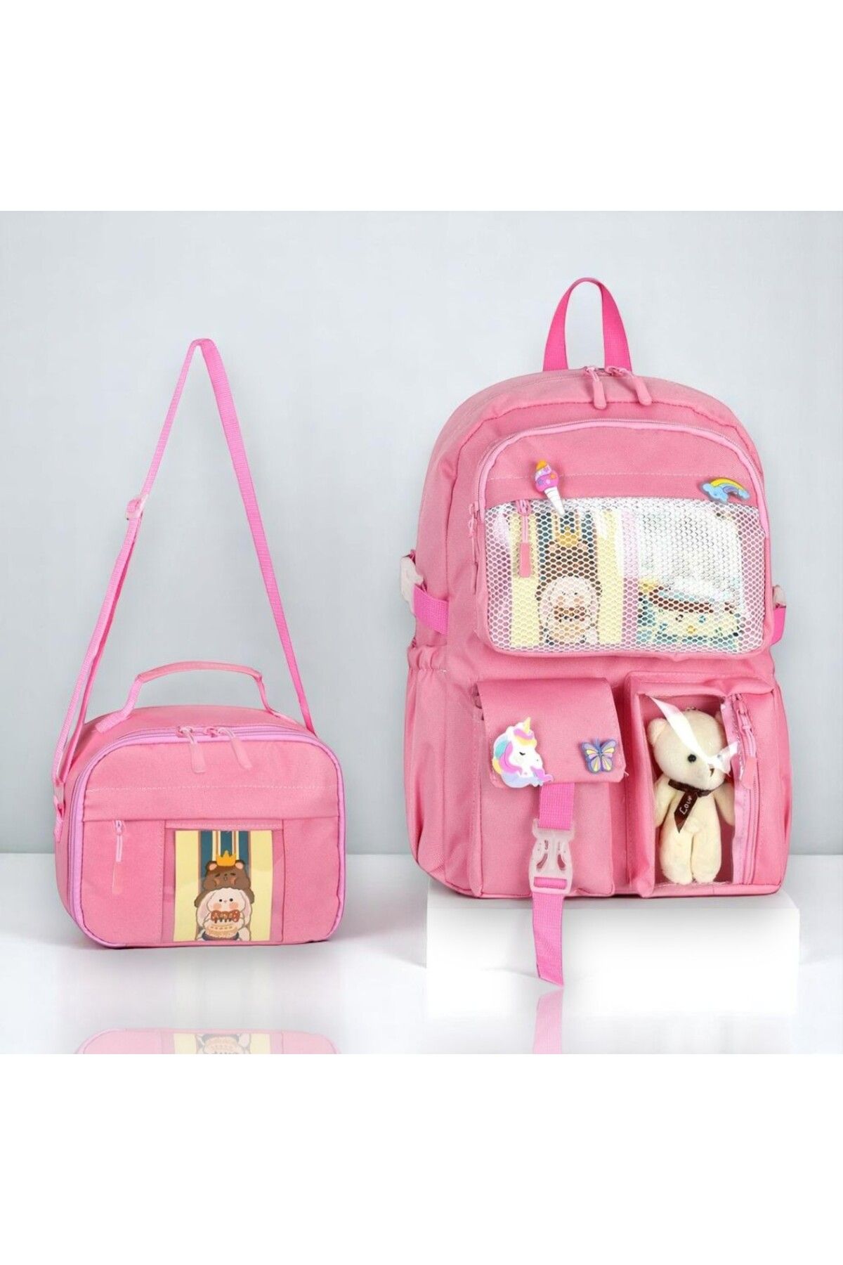 Waddell Kawaii Kore Tarzı Aksesuarlı İlkokul Sırt Çantası ve Termal Beslenme Çantası