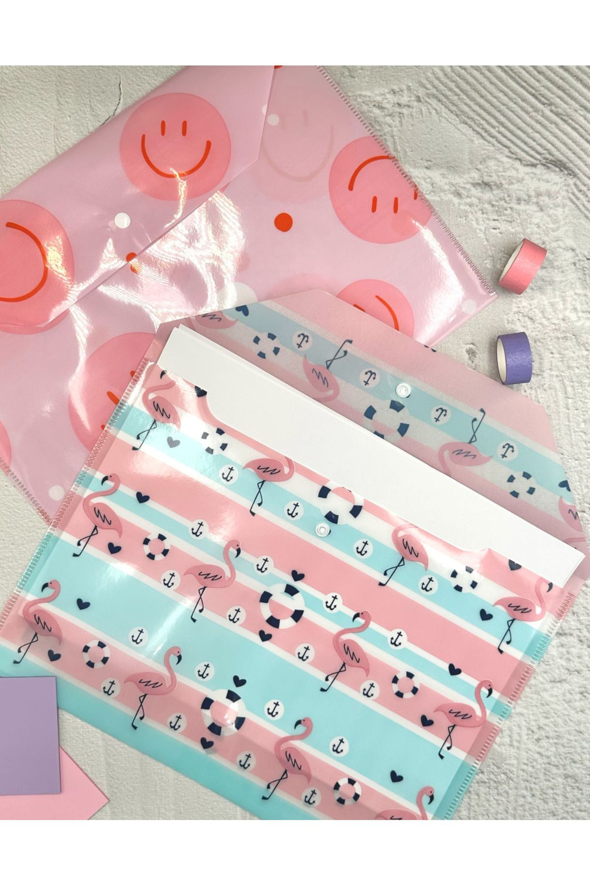 ZeCo Collection-Flamingo and Emoji Patterned A4 2-Piece File Set / Organizer Folder with Snap Fasteners 3