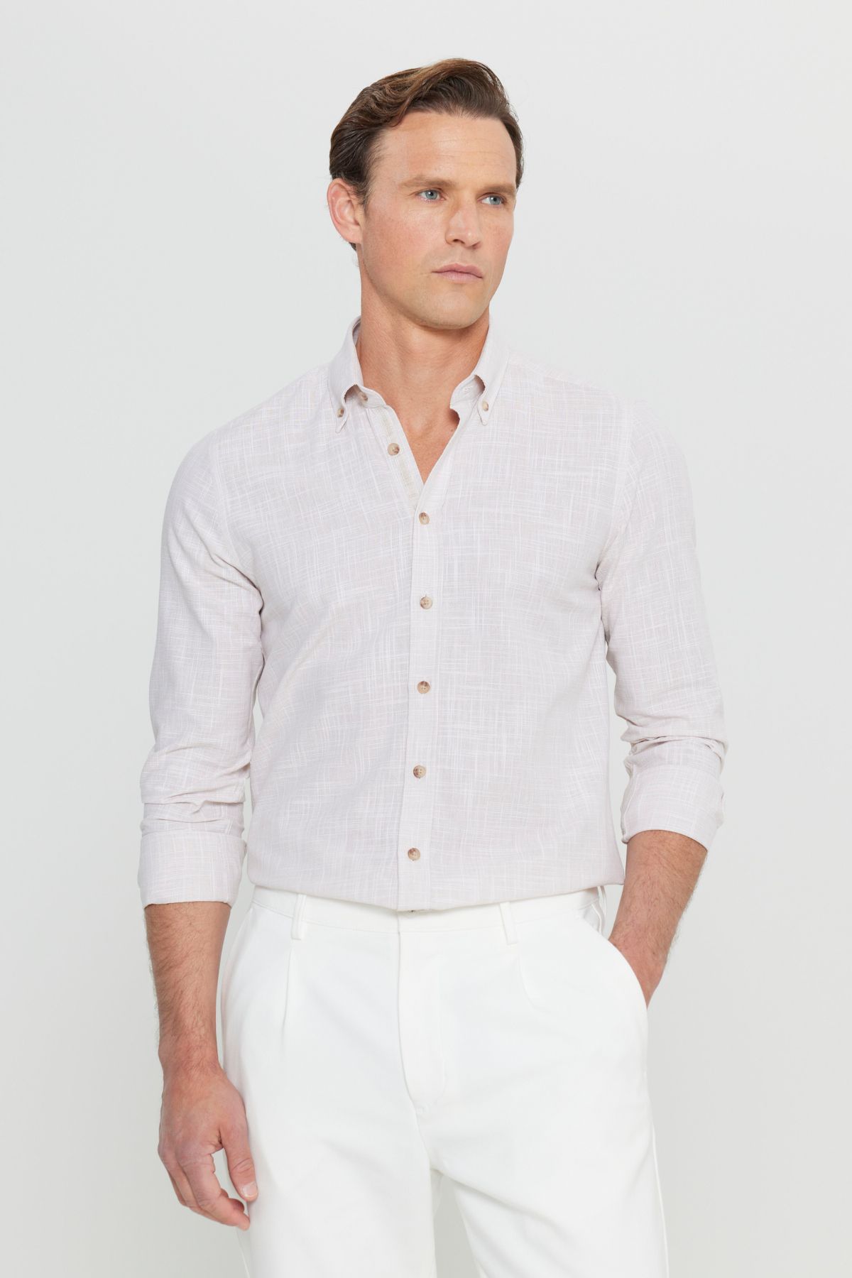 ALTINYILDIZ CLASSICS Altınyıldız ACE020252168 Bej Erkek Steno Taılored Slim Fit Spor Gömlek