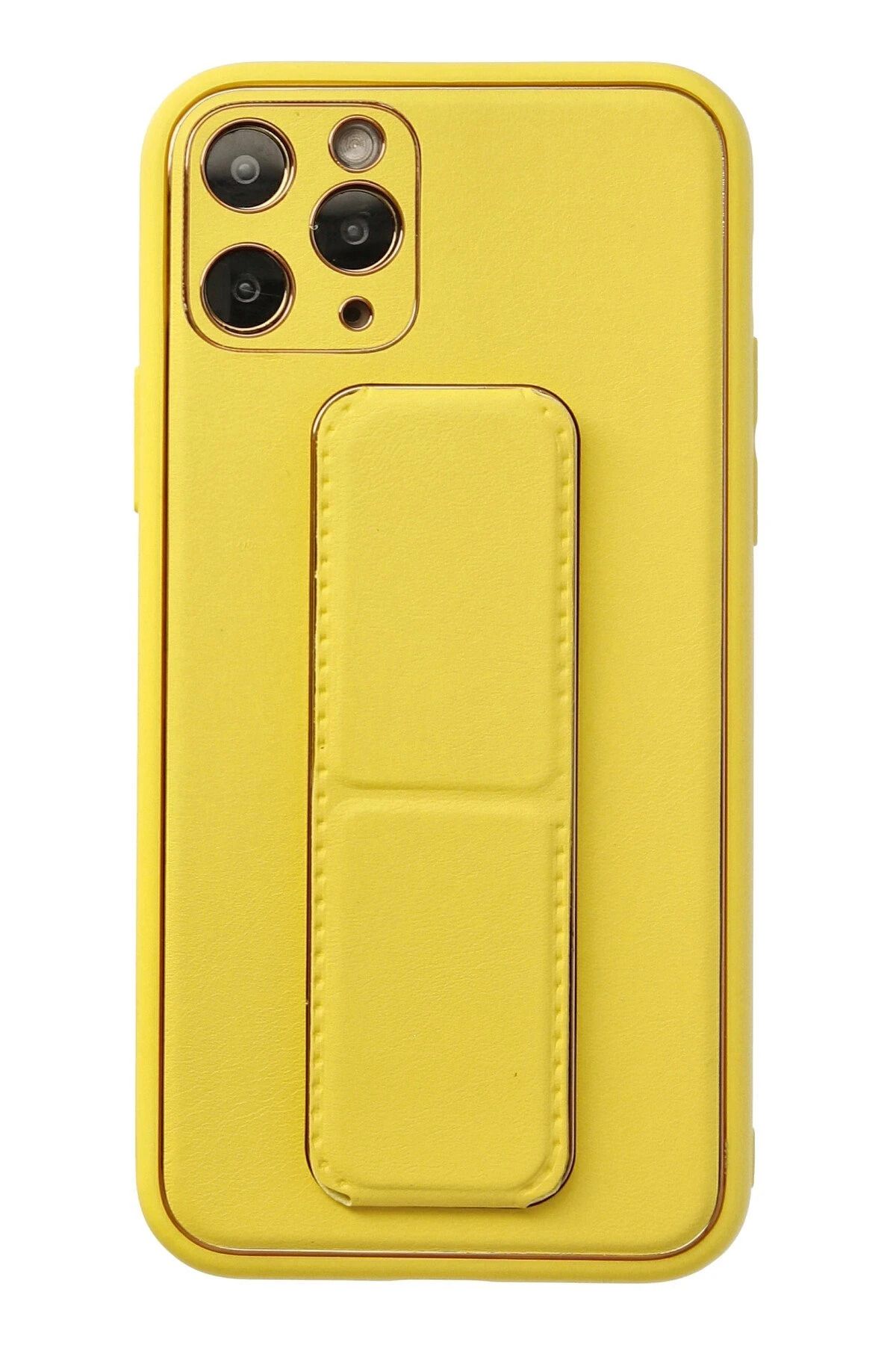 NewFace iPhone 11 Pro Kılıf Coco Deri Standlı Kapak - Sarı HNZRN