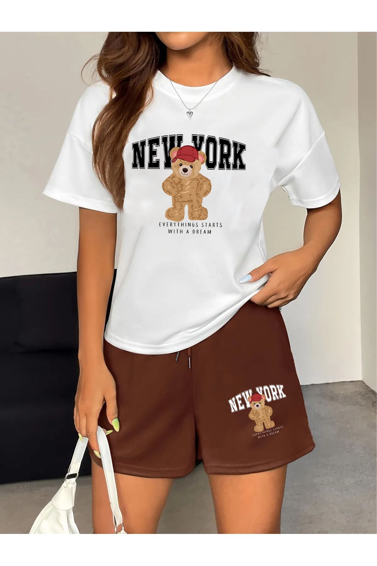 macklin Kadın New York Bear Everythings Baskılı Özel Tasarım Oversize Tshirt Ve Şort Alt - Üst Takım
