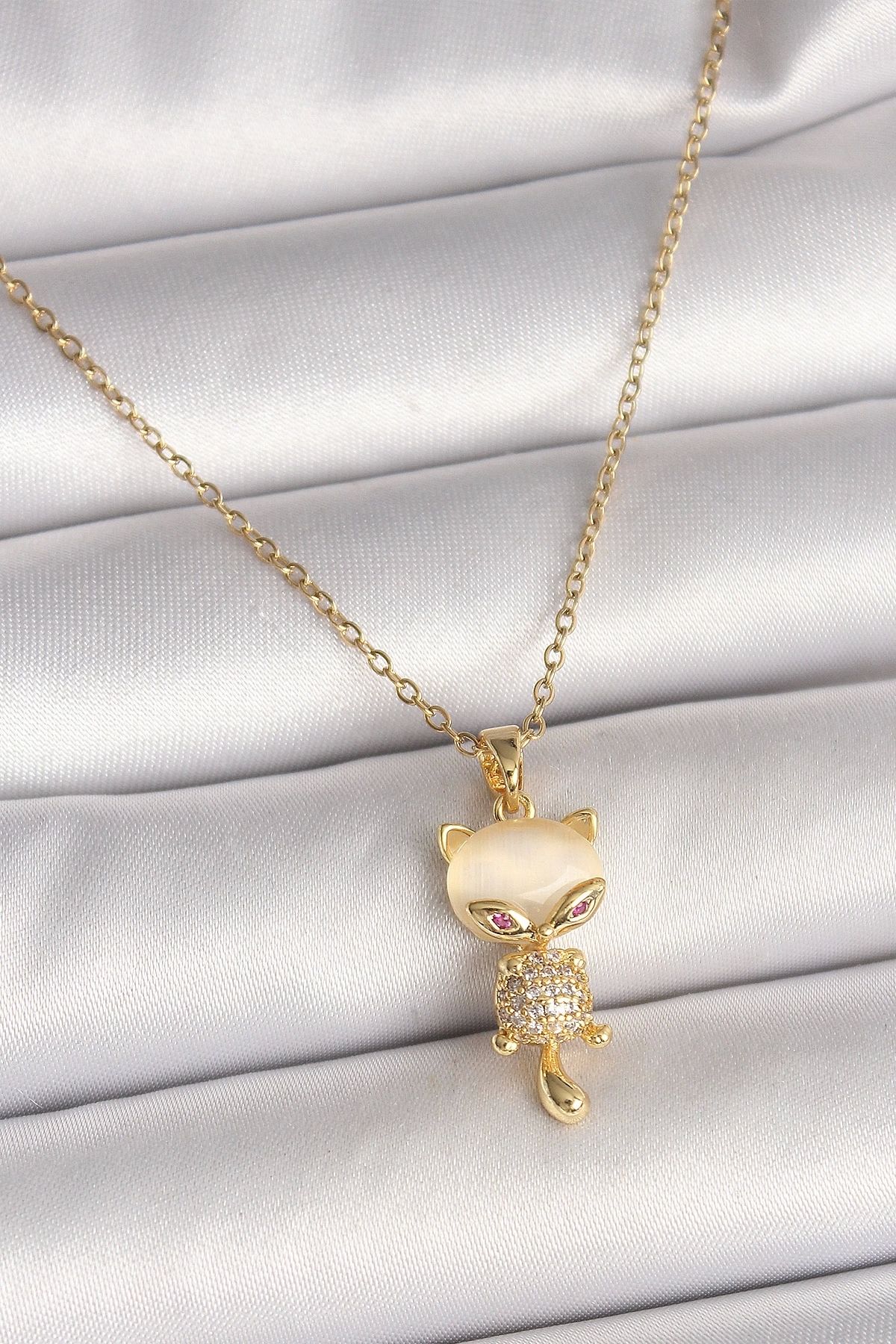 Clariss 316L Çelik Gold Renk Zincir Zirkon Taşlı Kedi Model Kadın Kolye