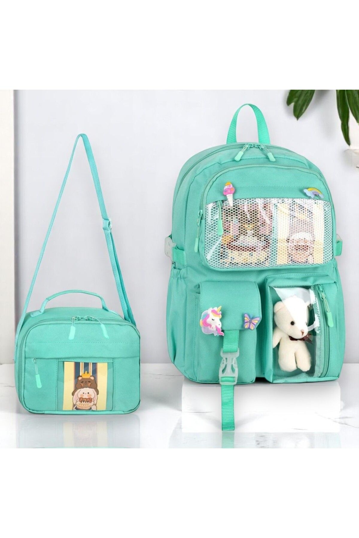 Waddell Kawaii Kore Tarzı Aksesuarlı İlkokul Sırt Çantası ve Termal Beslenme Çantası