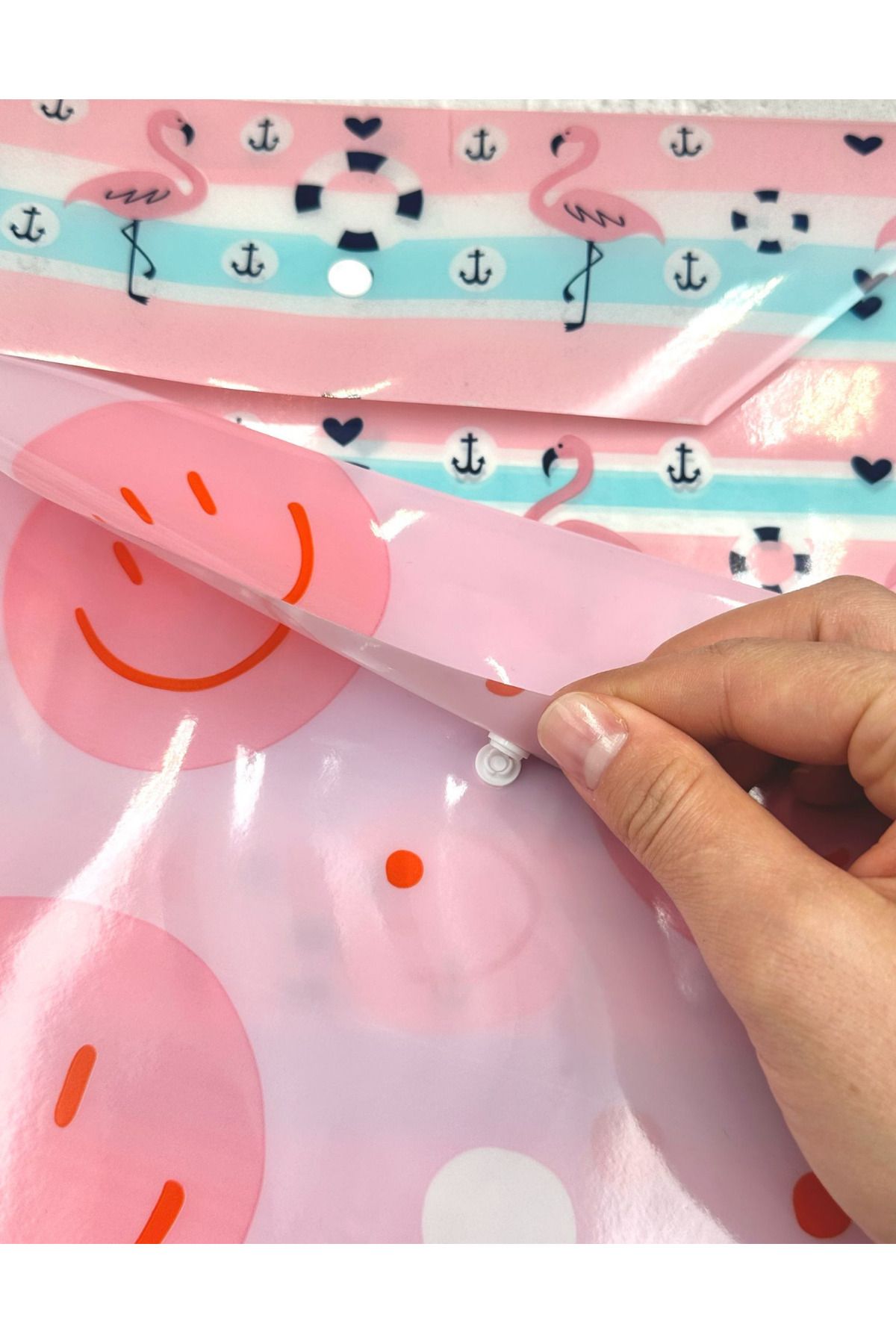 ZeCo Collection-Flamingo and Emoji Patterned A4 2-Piece File Set / Organizer Folder with Snap Fasteners 5