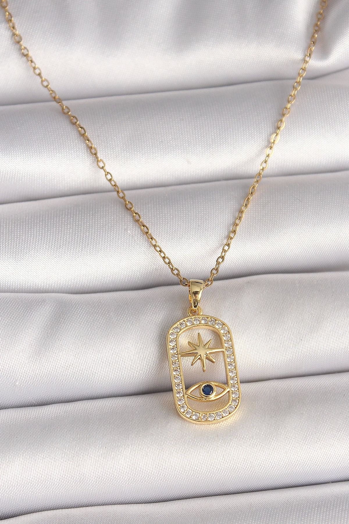 Clariss 316L Çelik Gold Renk Zincir Zirkon Taşlı Göz Yıldız Model Kadın Kolye