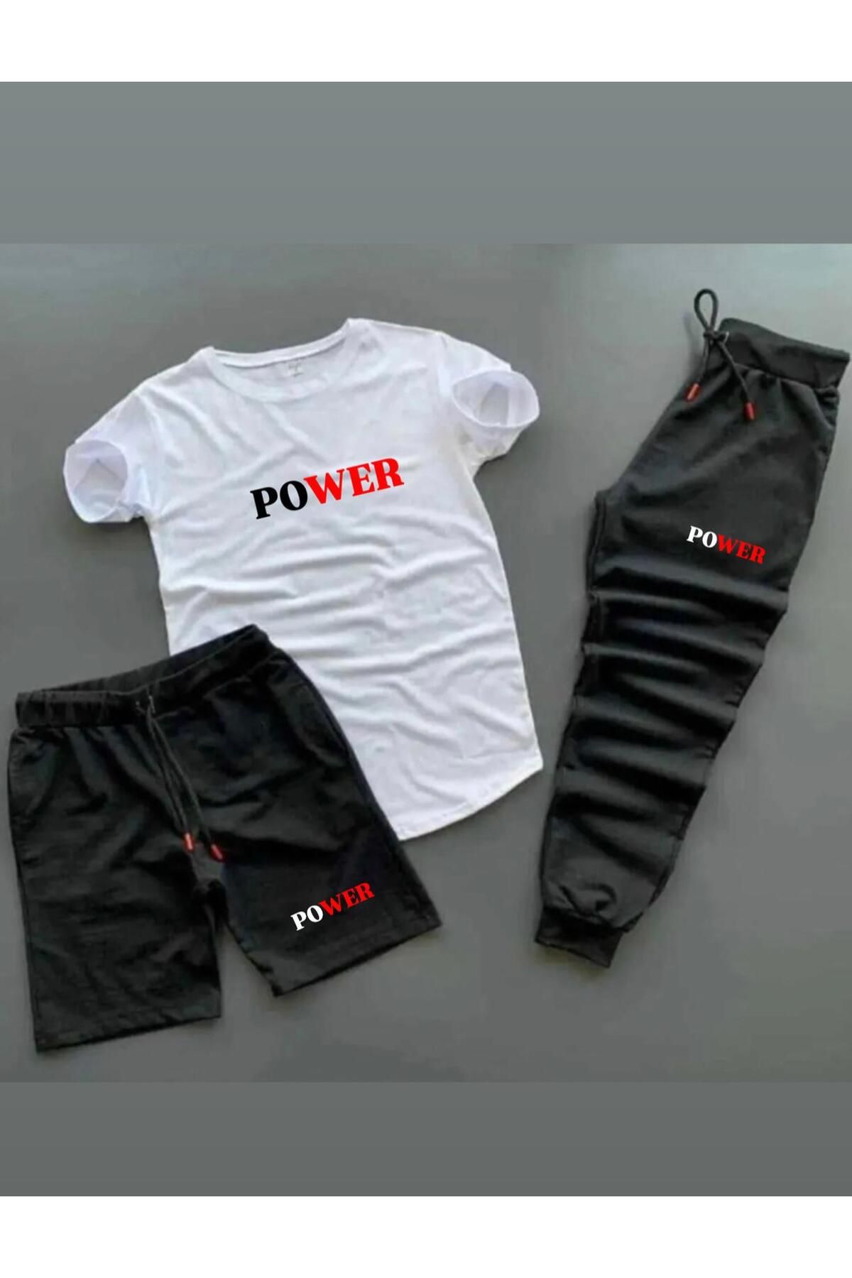 woonkey UNISEX OVERSİZE POWER BASKILI BİSİKLET YAKA TİŞÖRT EŞOFMAN ŞORT 3'LÜ SET