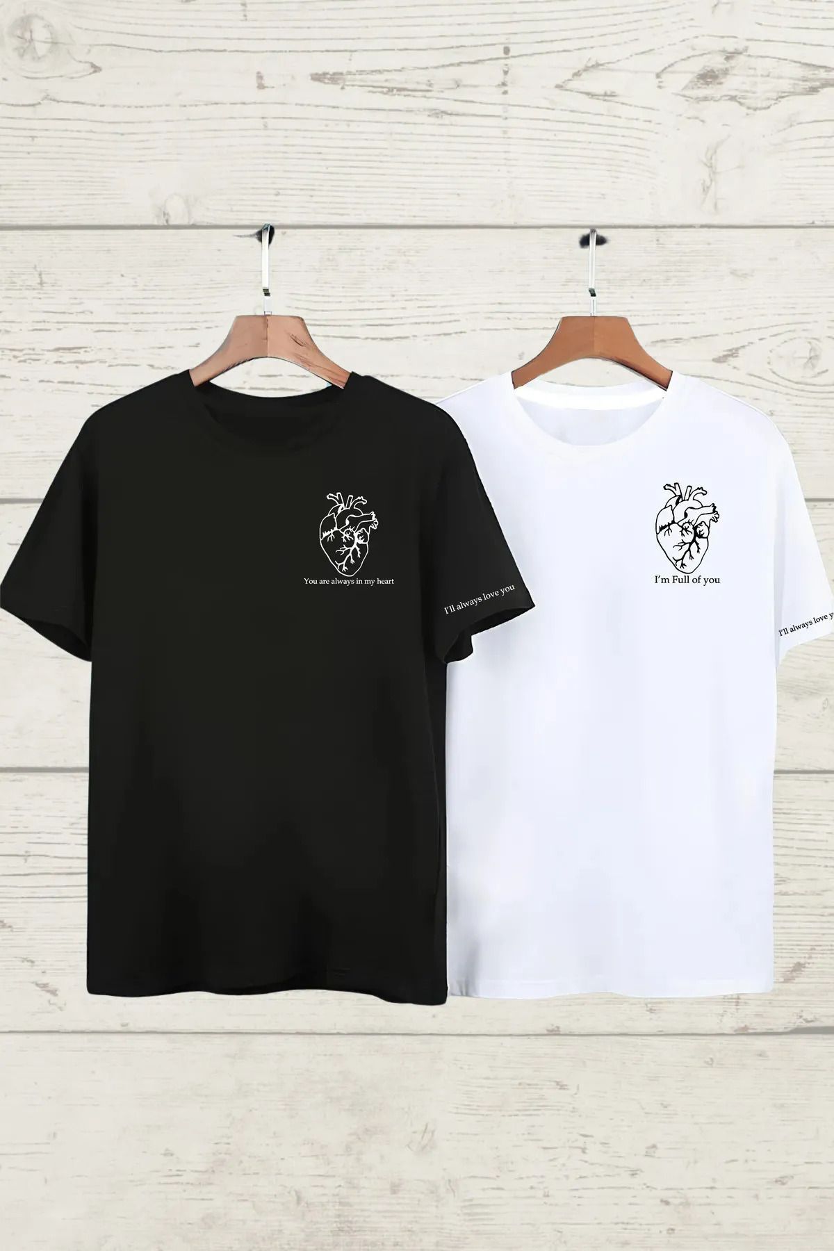 FeaR LeeS 2 li Siyah Beyaz Unisex Çift Sevgili Kombin Kalp Kol Baskılı Hediye Bisiklet Yaka Tişört T-shirt