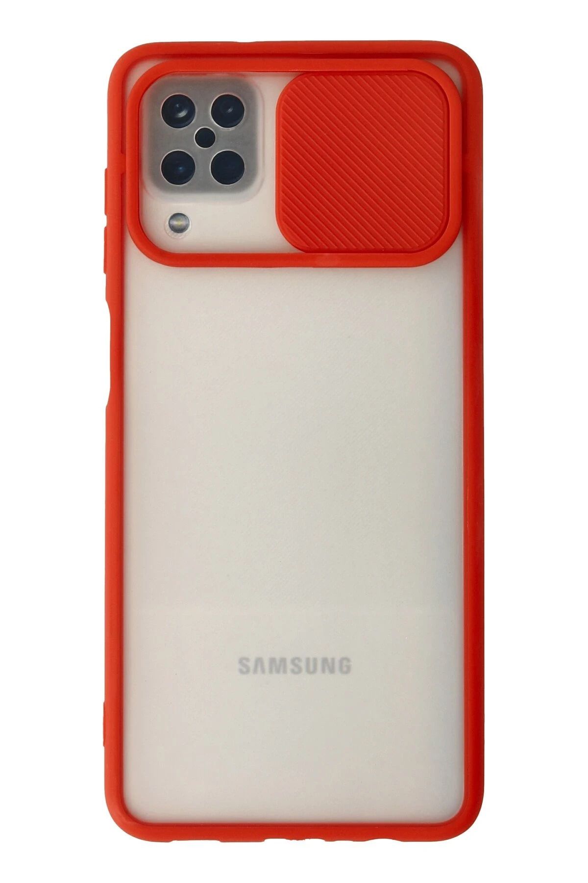 NewFace Samsung Galaxy A12 Kılıf Palm Buzlu Kamera Sürgülü Silikon - Kırmızı DPMAH