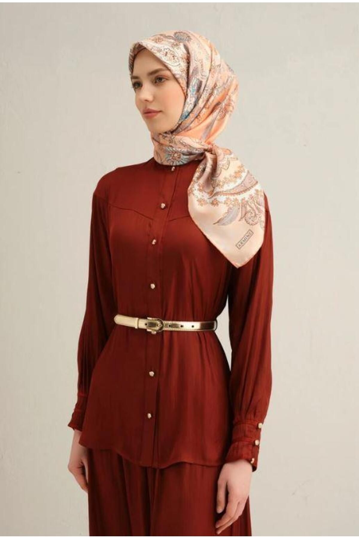 Armine 2025 Desenli Saf İpek Twill Eşarp 9338-55