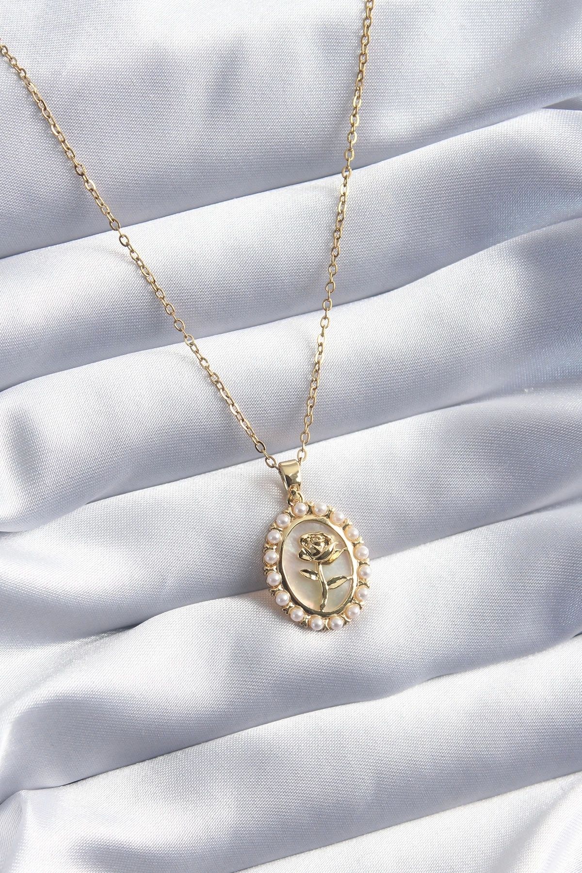 Clariss 316L Çelik Gold Renk Gül Model İnci Detay Kadın Kolye