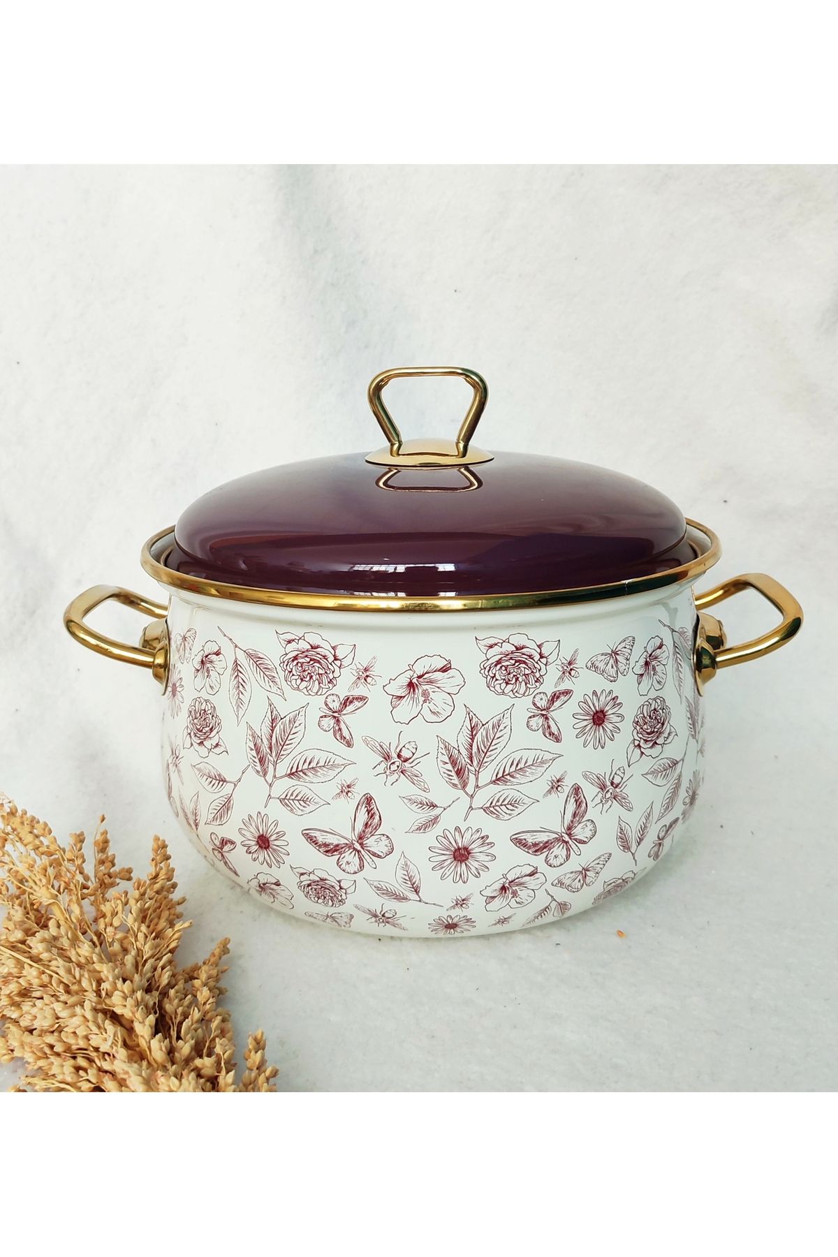 EBRULİEMAYE Lila Vintage Çiçek Emaye Tencere 5 litre 24 cm çap süt yoğurt güveç tenceresi