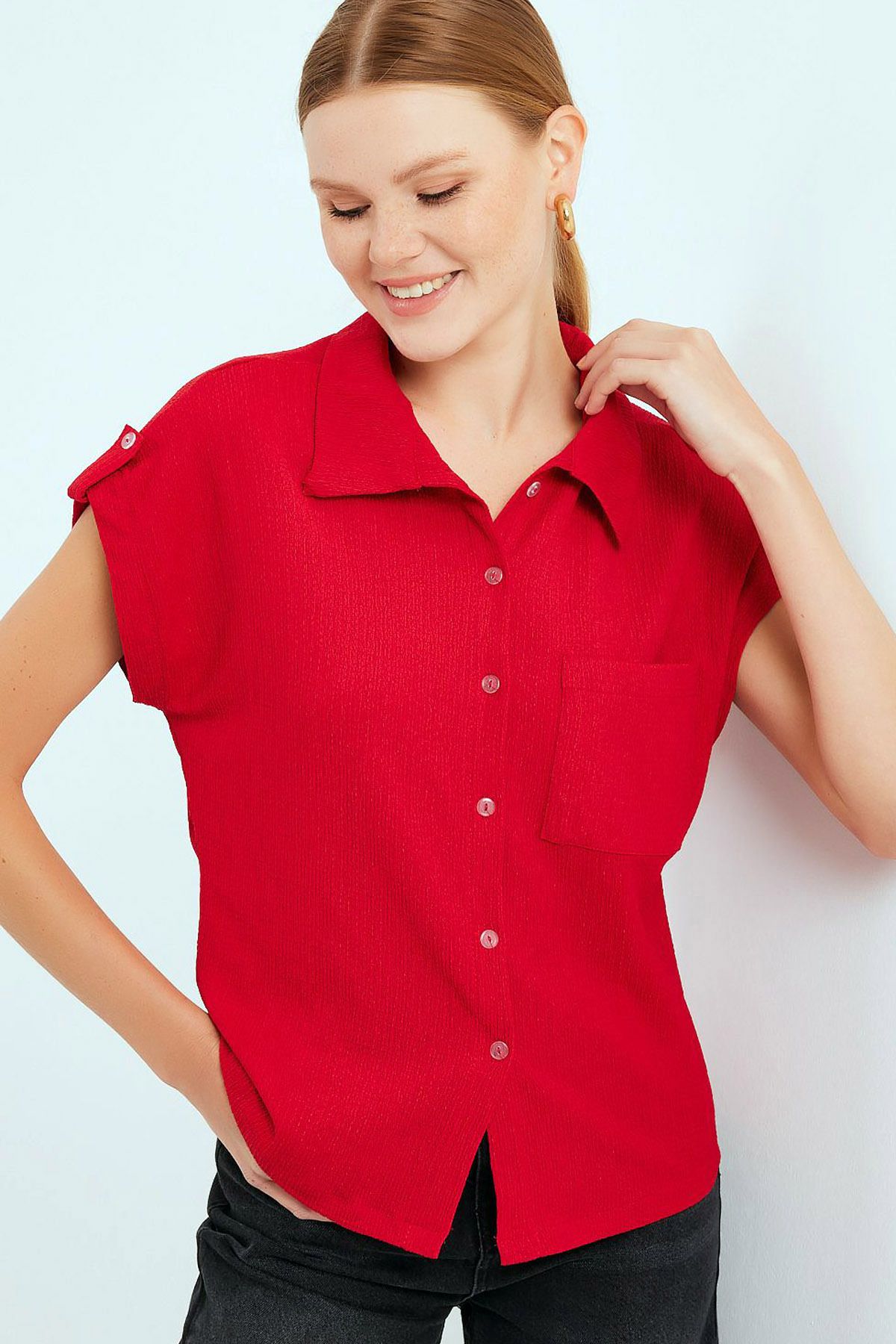 CoolLook Kısa Manşetli Katlamalı Duble Kısa Kollu Düğme Kapama Cepli Rahat Likralı Casual Gömlek