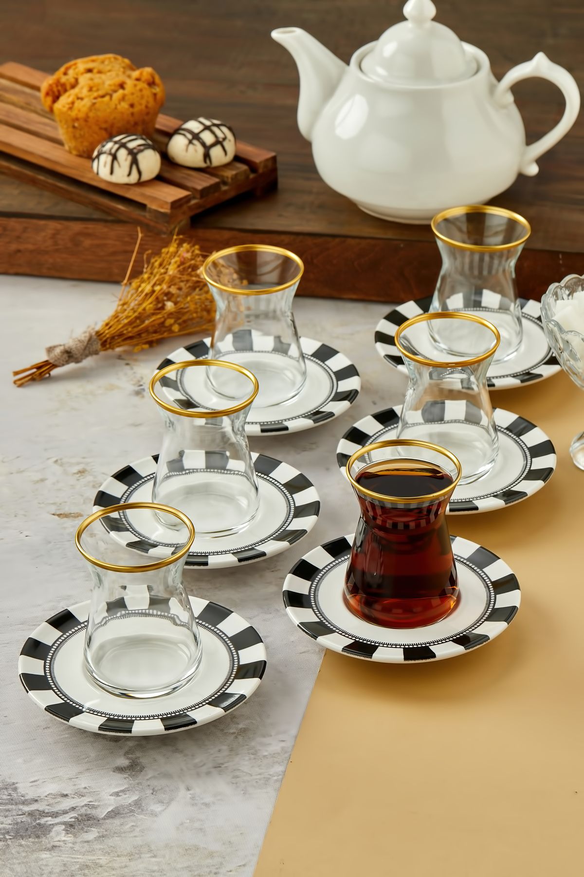 Babion Gold Dekorlu 12 Parça 6 Kişilik Çay Bardağı ve Tabağı, Çay Takımı, Çay Seti