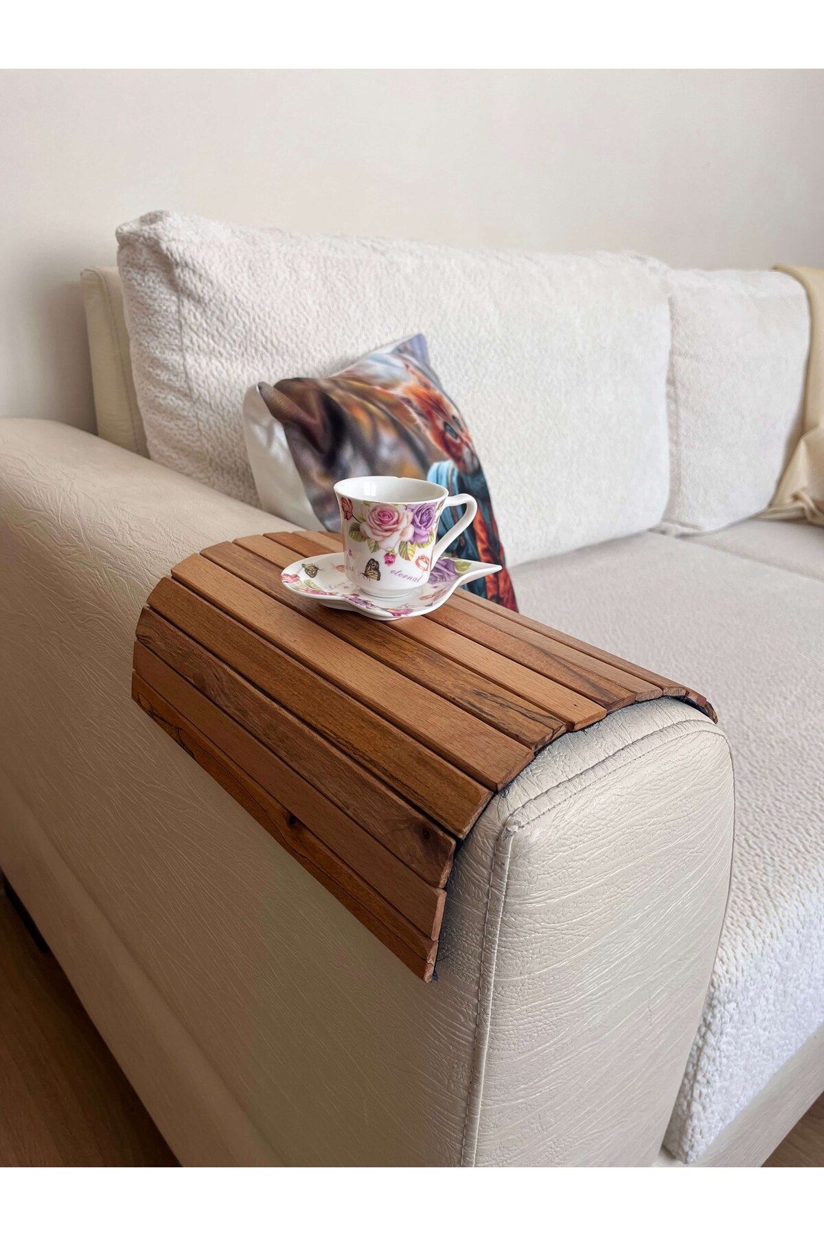ERBAYLAR POLYESTER Koltuk Kenarı Katlanabilir Yan Sehpa – Portatif Ahşap Tepsi - 40X30