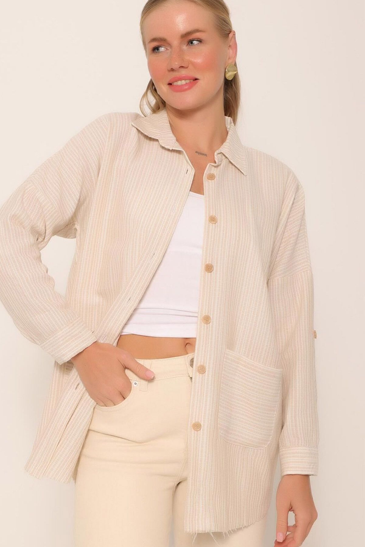 Ottawe Relaxed Fit Rahat Kesim Gömlek Yaka Uzun Kollu Çizgi Dokulu Düğmeli Casual Oversize Gömlek