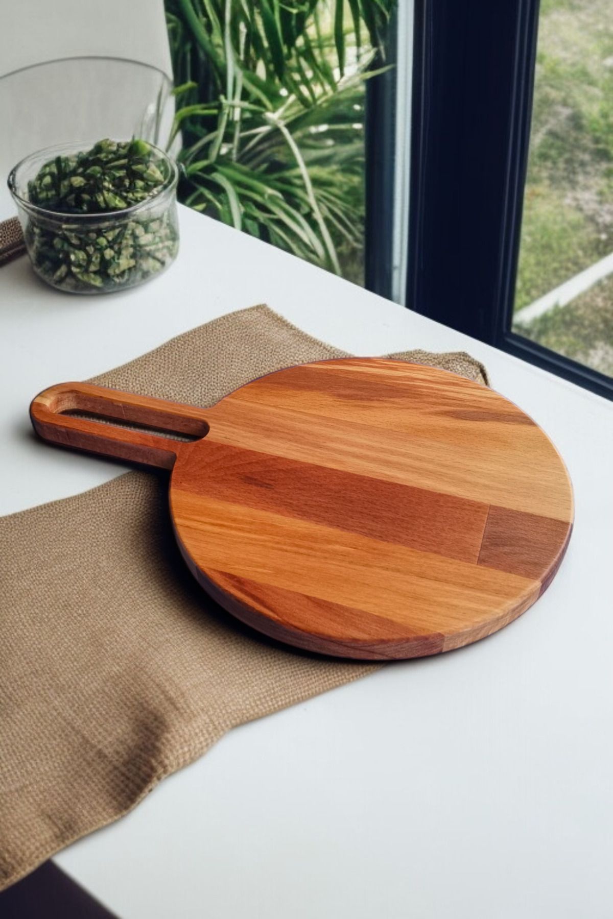 KaracaWoodcraft Uzun Kulplu Daire Sunumluk & Kesme Tahtası | Kayın Ağacı | 38x25 cm