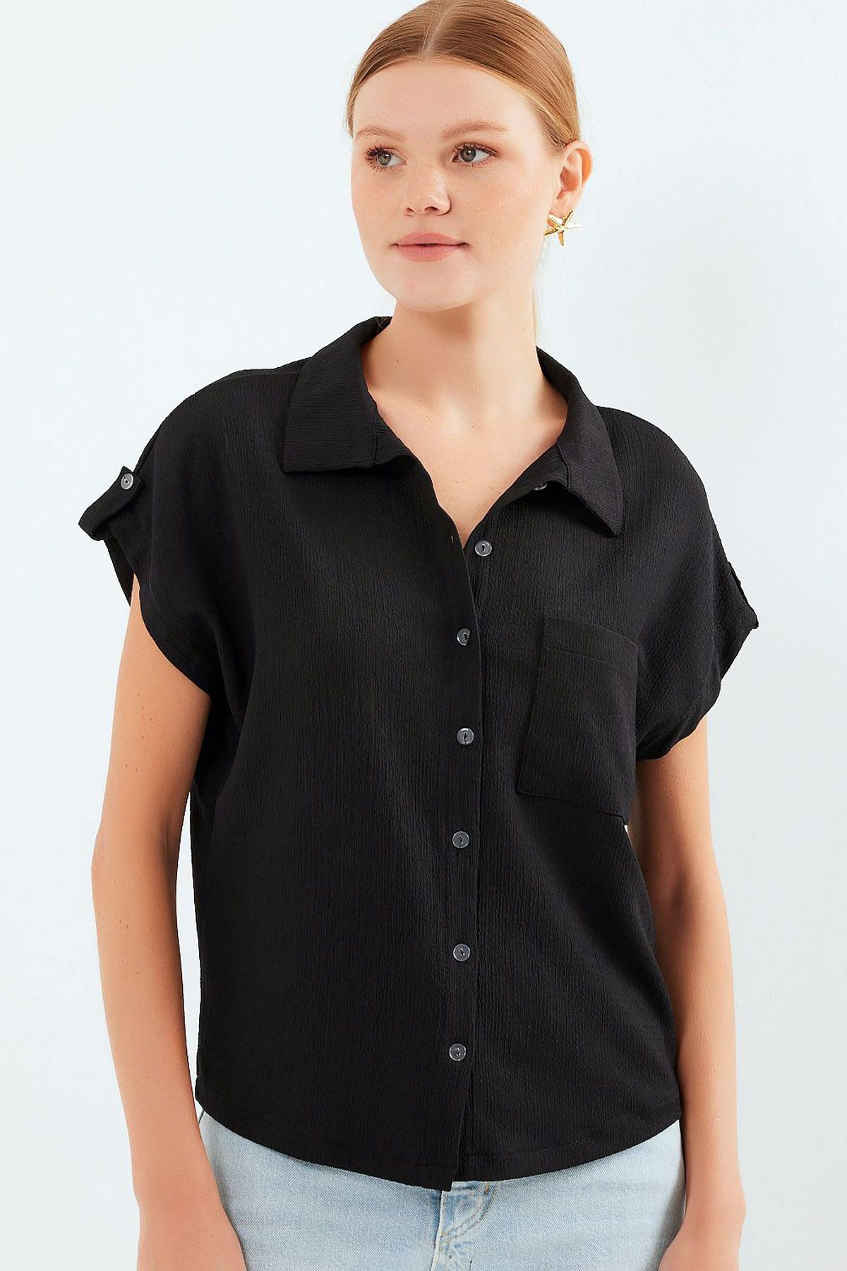 CoolLook Kısa Manşetli Katlamalı Duble Kısa Kollu Düğme Kapama Cepli Rahat Likralı Casual Gömlek